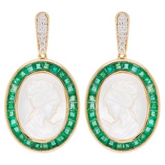 18 Karat Gold Calibre Cut Emerald Pearl Carving Diamond Dangler Earrings