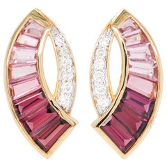 18 Karat Gold Calibre Cut Pink Tourmaline Taper Baguettes Diamond Stud Ear-Clips