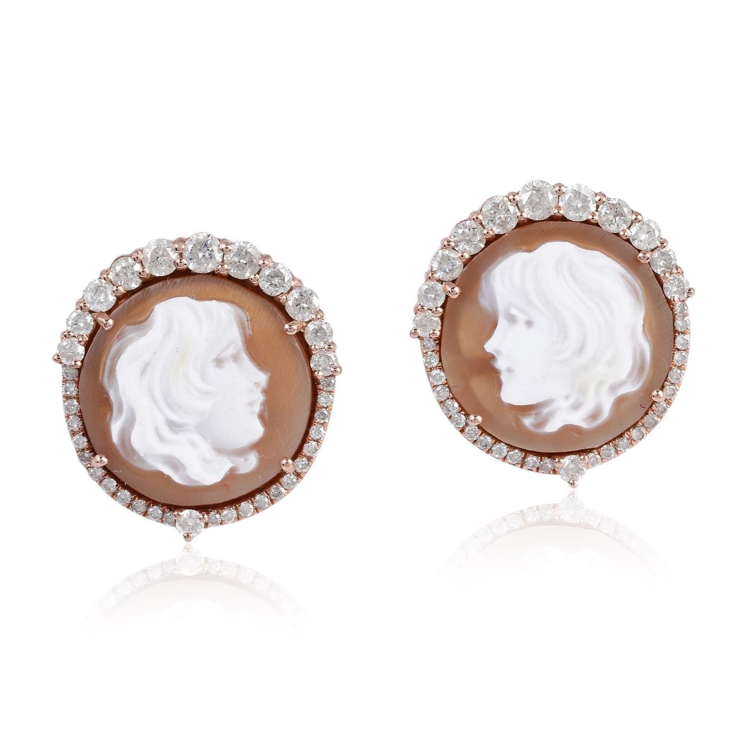 Round Cut Cameo Diamond 18 Karat Gold Stud Earrings For Sale