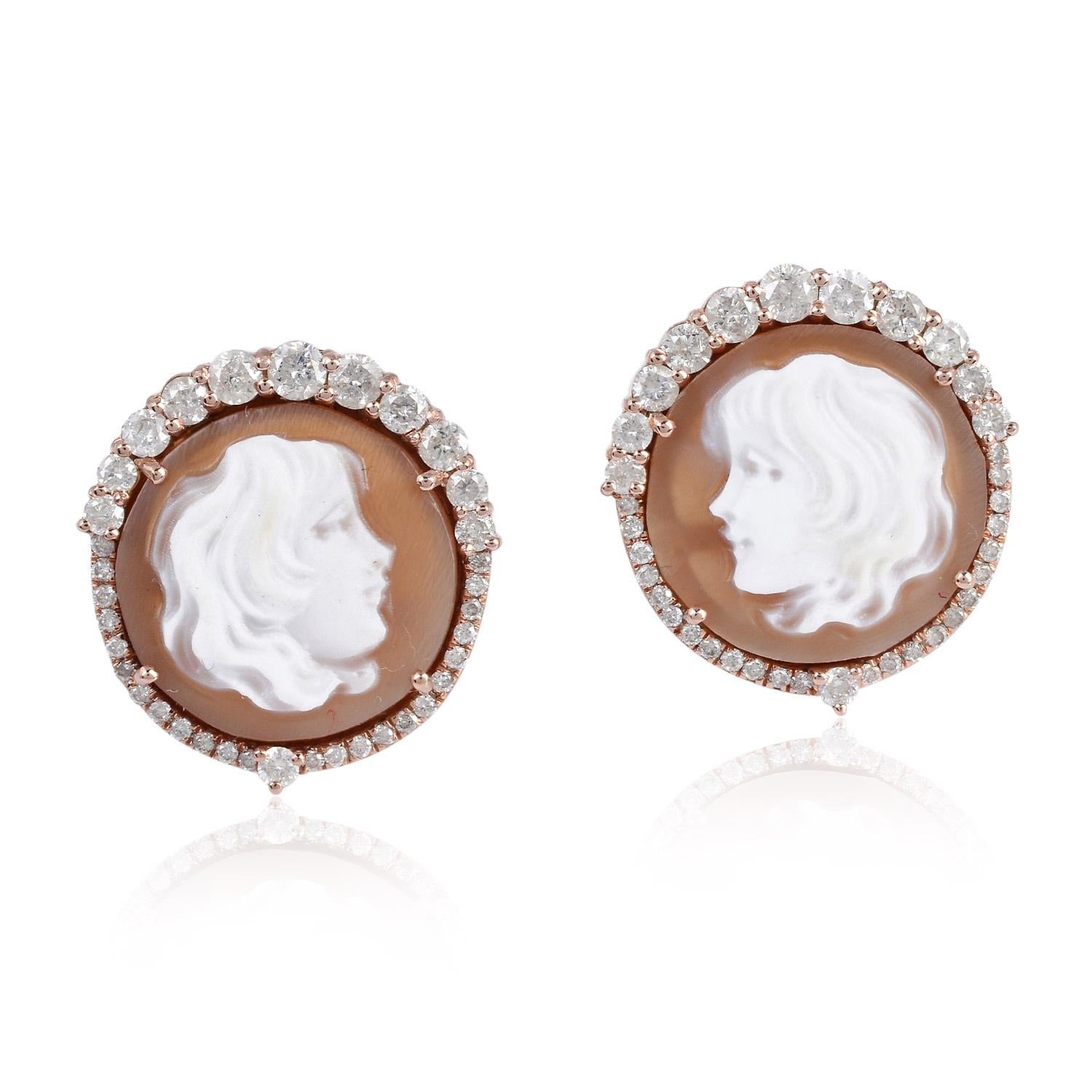 Round Cut Cameo Diamond 18 Karat Gold Stud Earrings For Sale