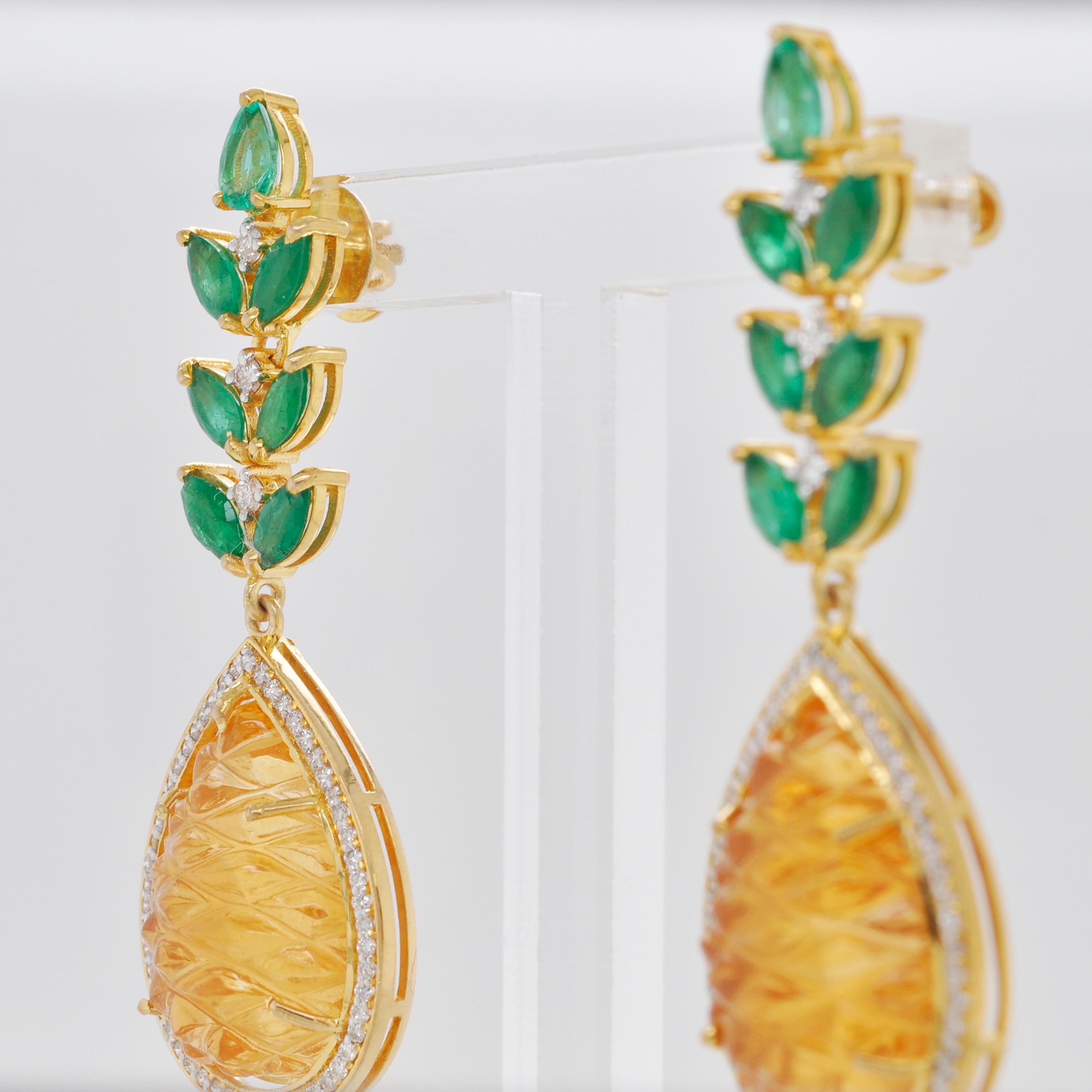 18 Karat Gold Carved Citrine Emerald Diamond Pineapple Dangle Earrings For Sale 4