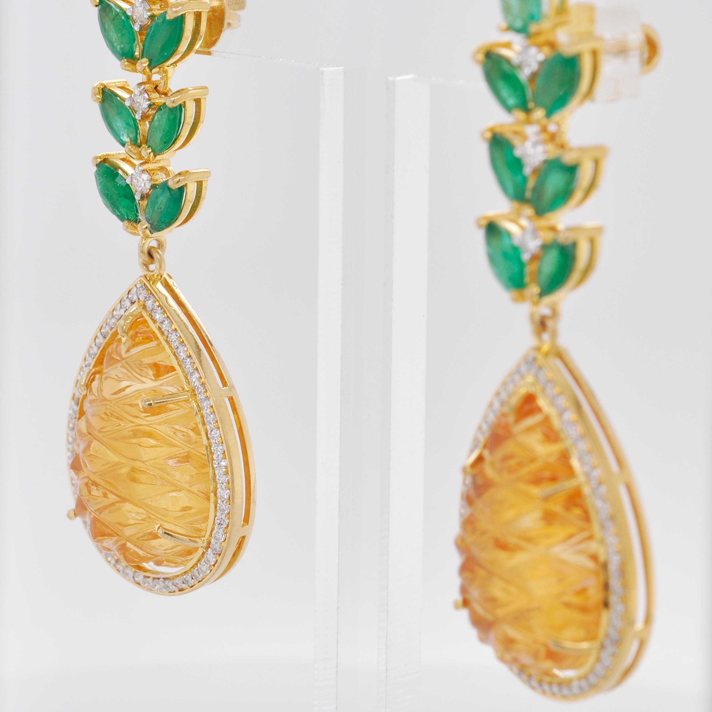 18 Karat Gold Carved Citrine Emerald Diamond Pineapple Dangle Earrings For Sale 5