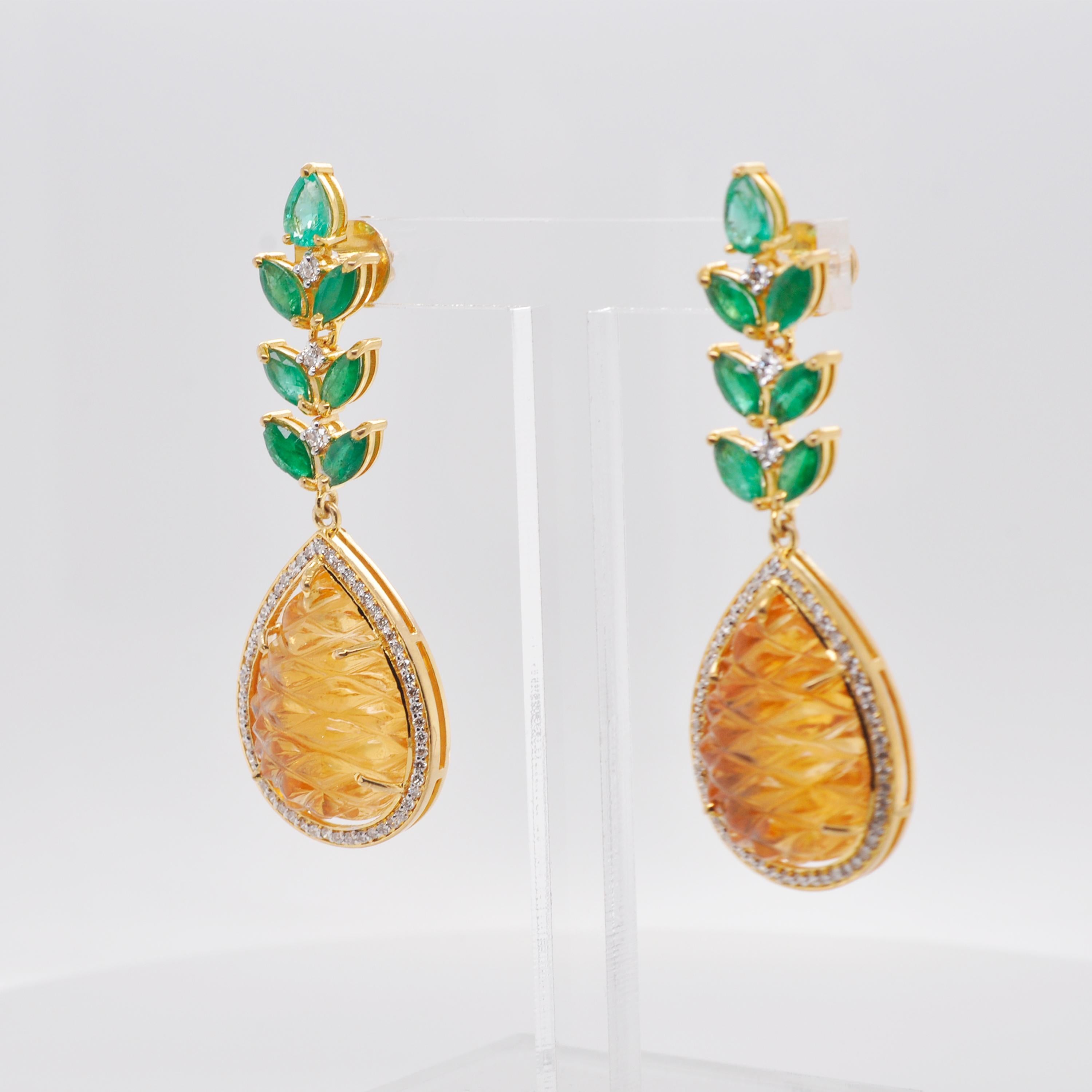 Women's 18 Karat Gold Carved Citrine Emerald Diamond Pineapple Dangle Earrings For Sale