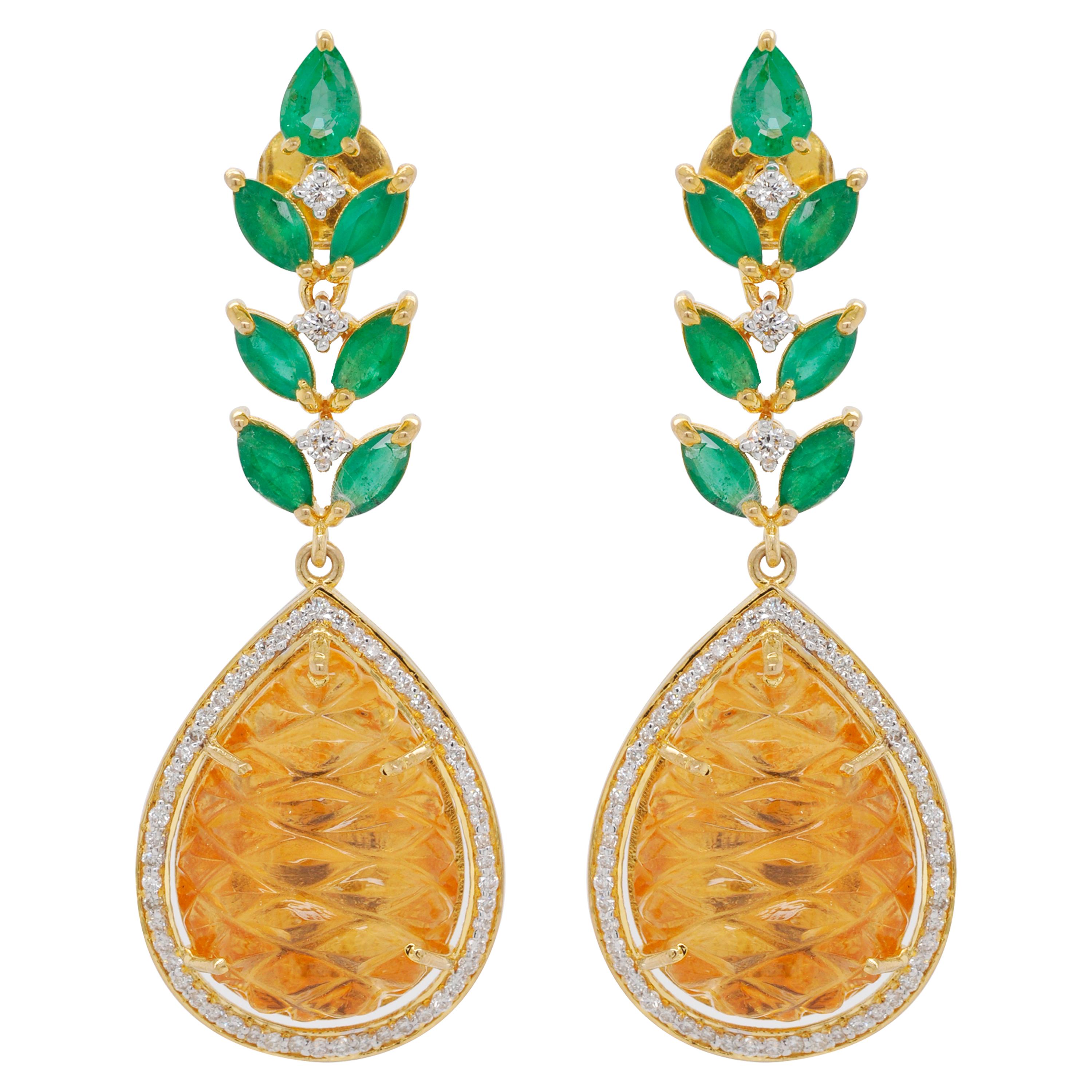 18 Karat Gold Carved Citrine Emerald Diamond Pineapple Dangle Earrings For Sale