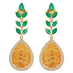 18 Karat Gold Carved Citrine Emerald Diamond Pineapple Dangle Earrings