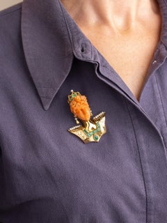 18 Karat Gold, Carved Coral, Emerald & Pearl 'Bust' Brooch Pendant