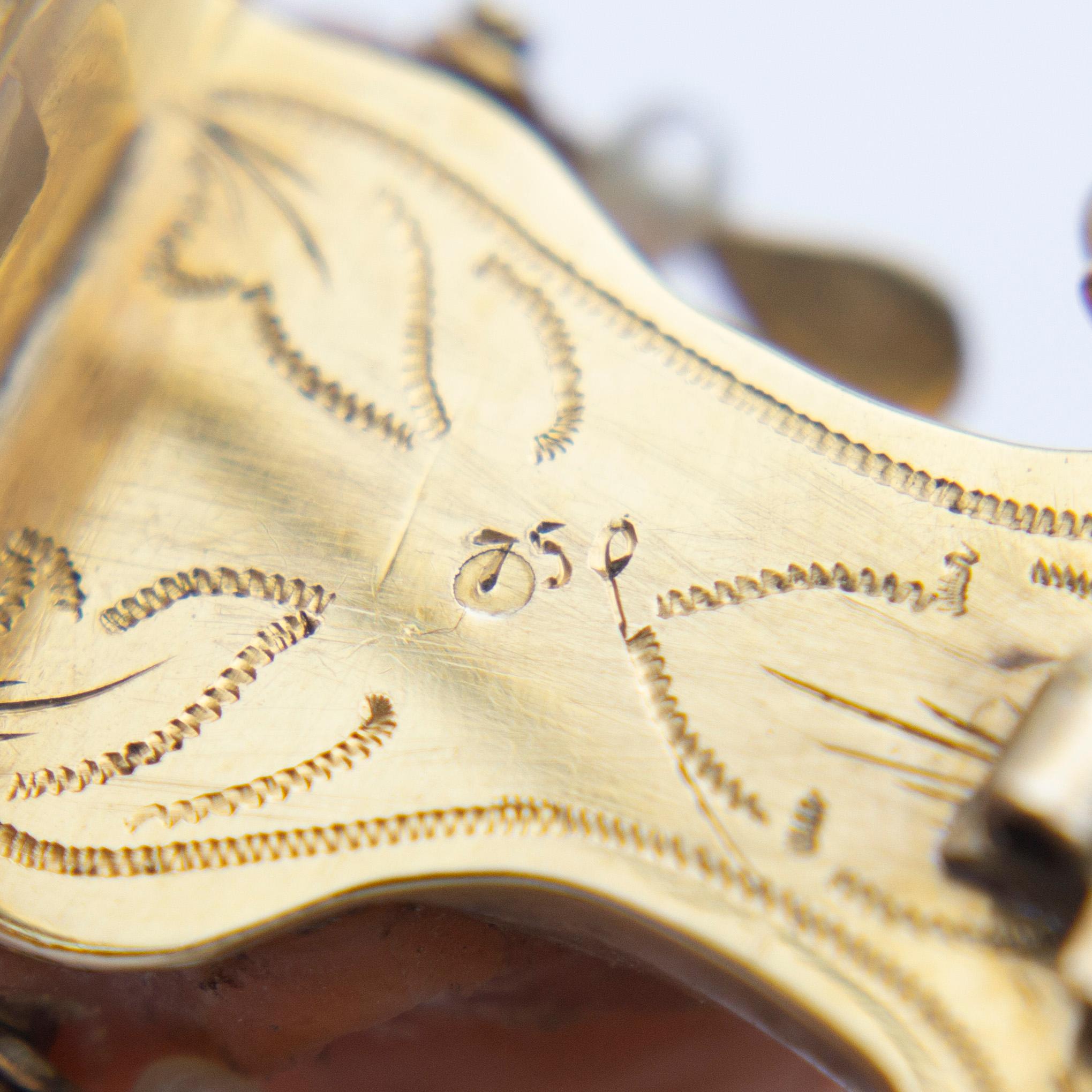 18 Karat Gold, Carved Coral, Emerald & Pearl 'Bust' Brooch Pendant For Sale 1