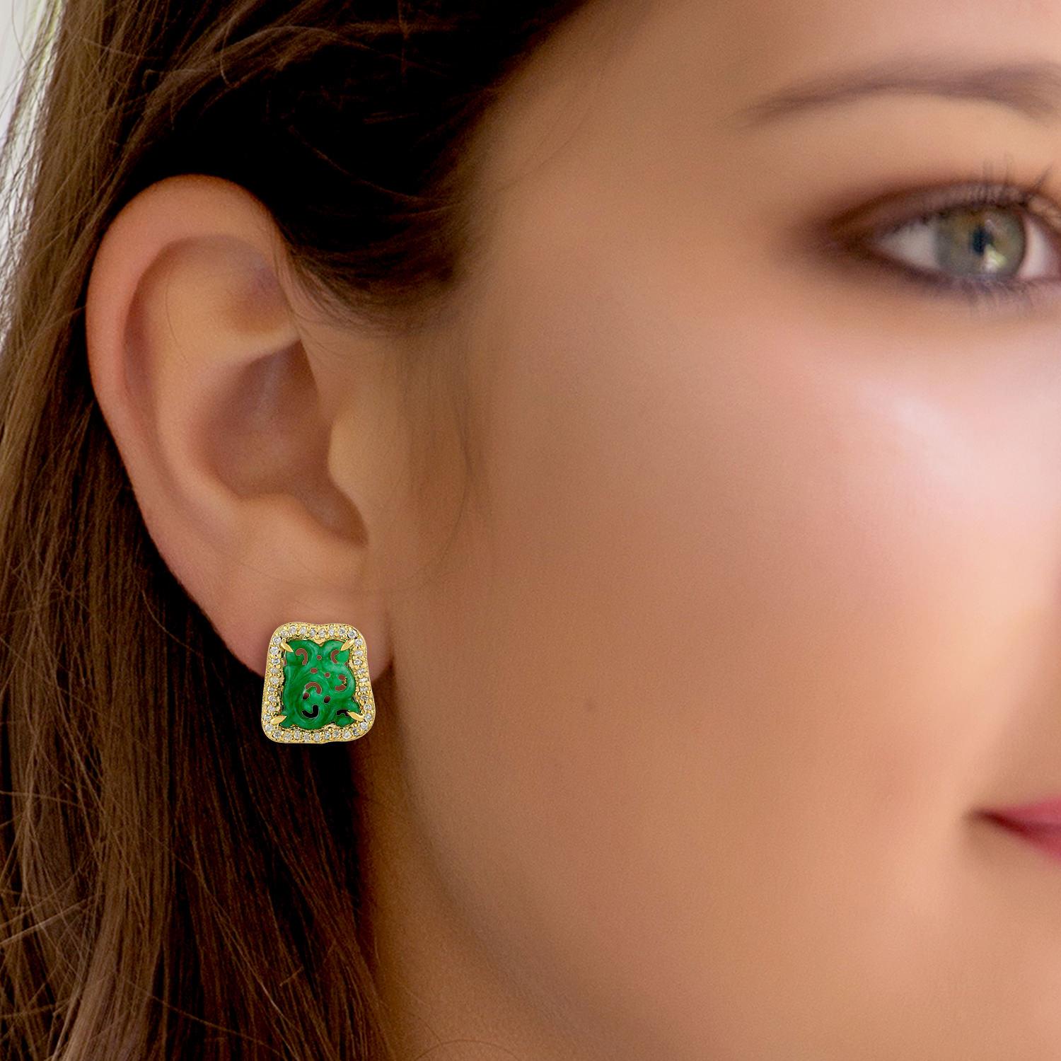 Artisan 18 Karat Gold Carved Jade Diamond Stud Earrings For Sale