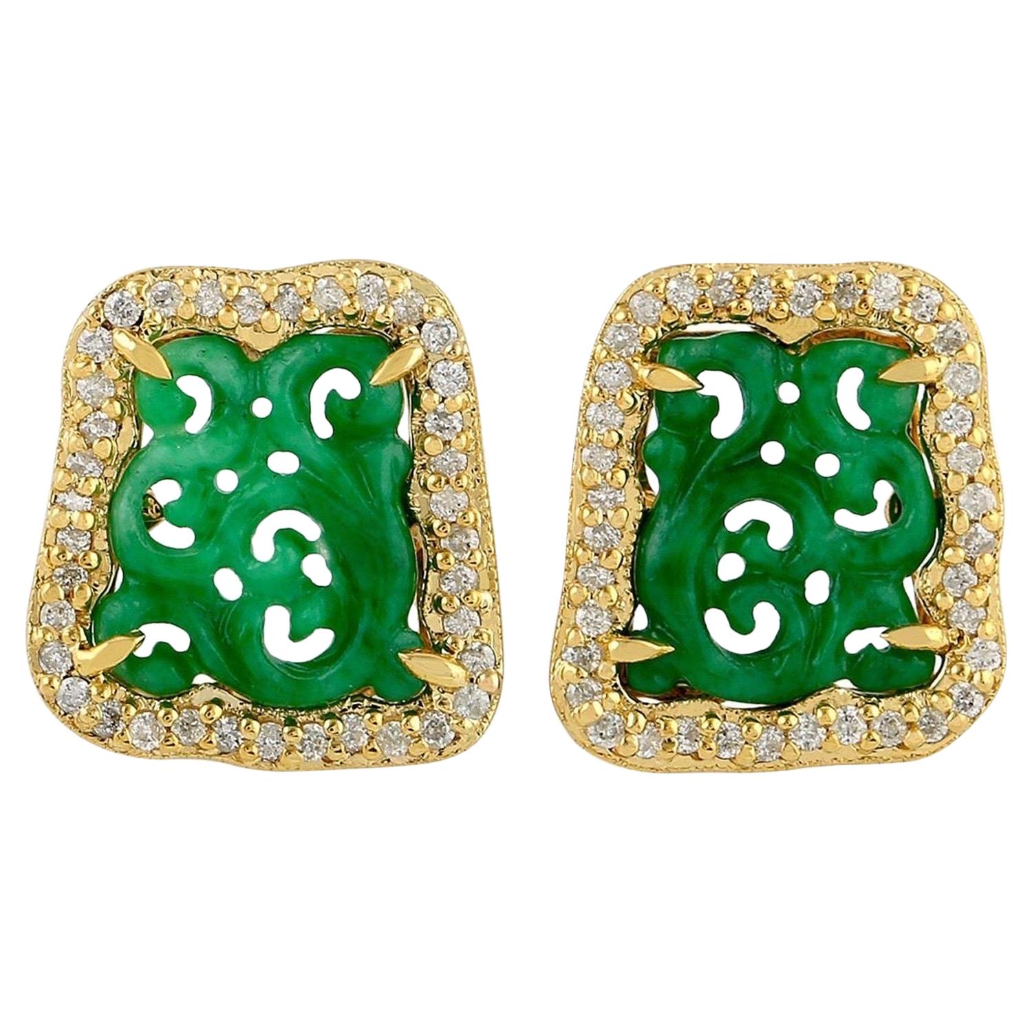 18 Karat Gold Carved Jade Diamond Stud Earrings