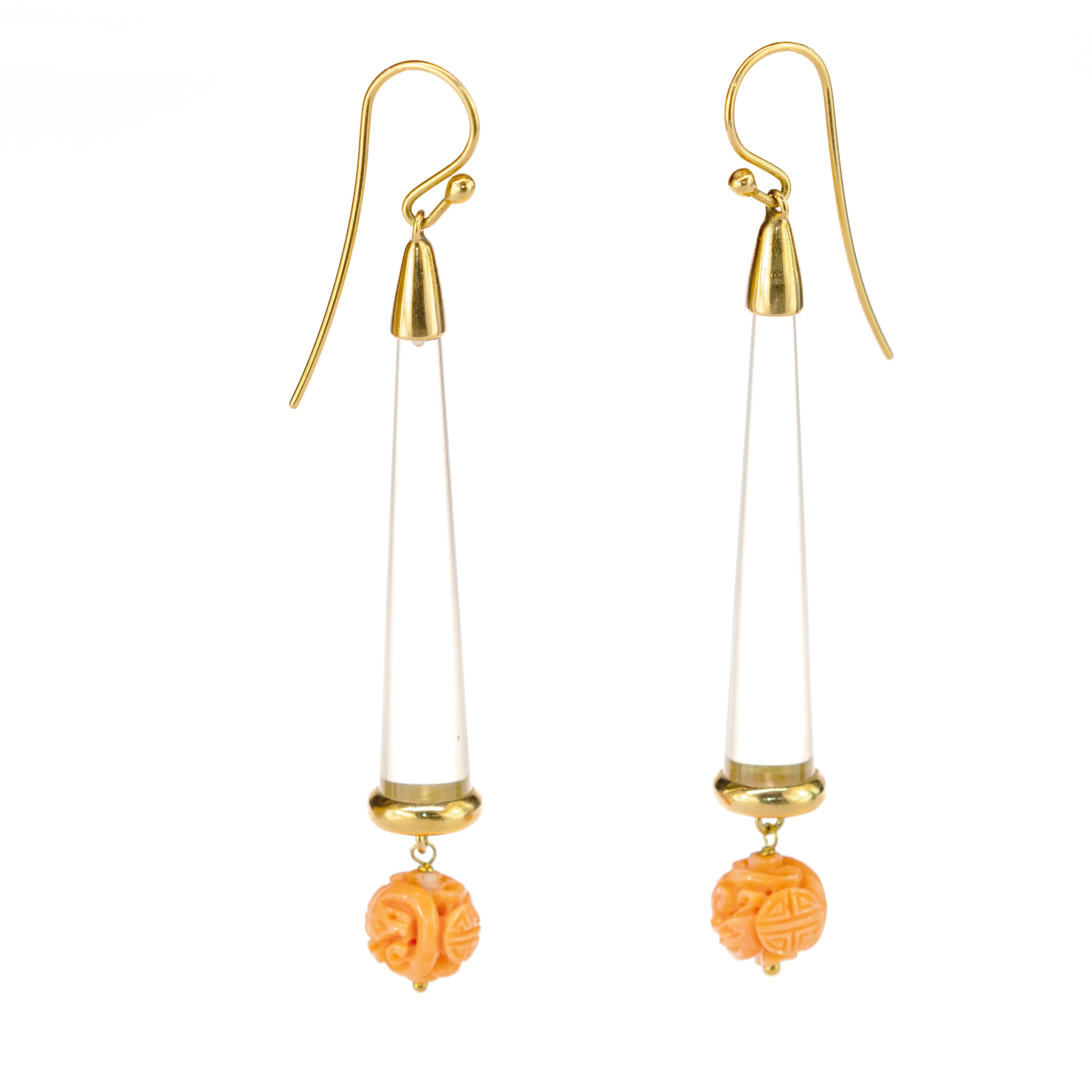 Marvelous and skilful earrings. A very impressive and unique design that starts with two beautiful half circular spheres made of 18 k yellow gold and growth like a storm in long triangular cylinders that evoke glamour in a jewelry piece. The