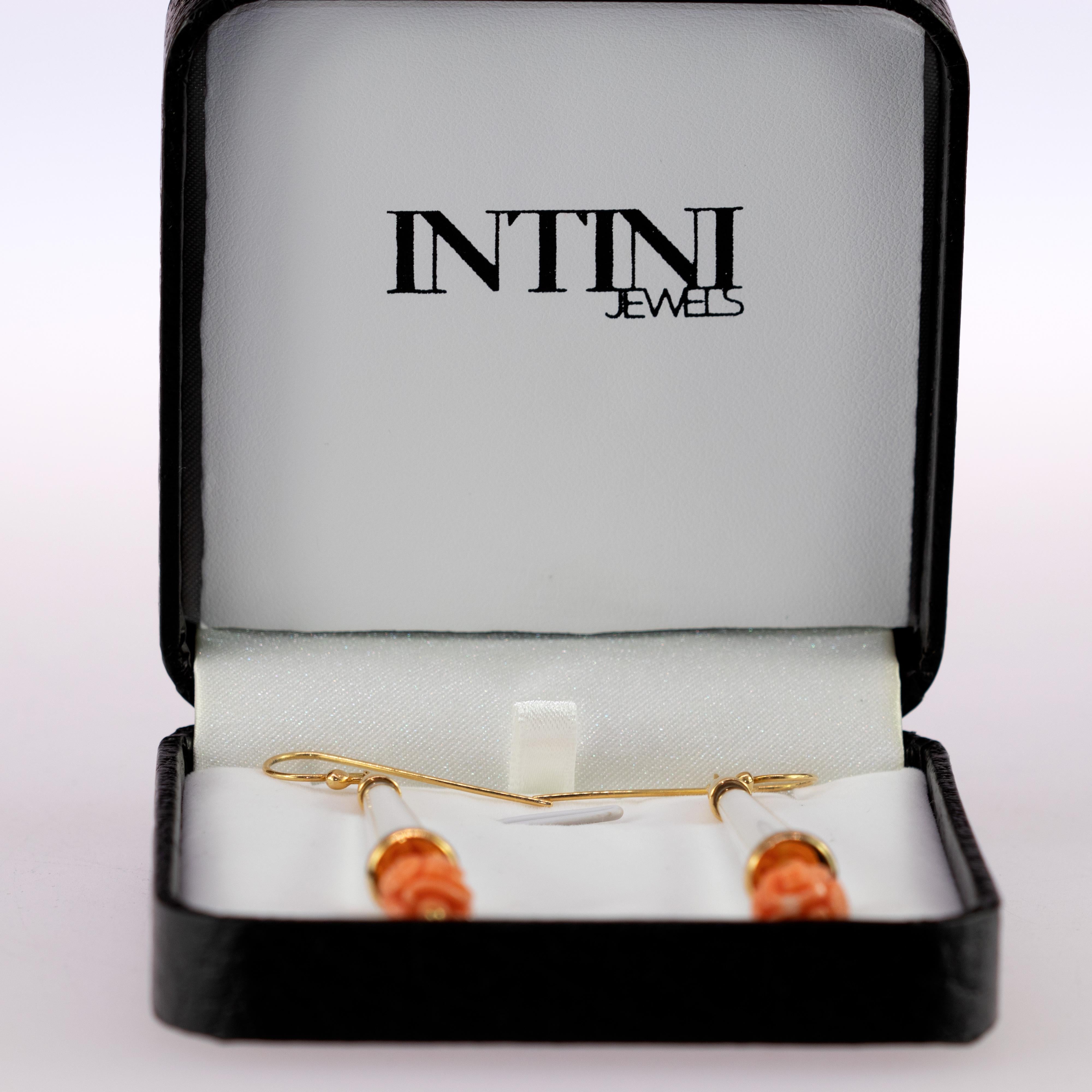18 Karat Gold Carved Pink Coral Rock Crystal Pendulum Dangle Drop Craft Earrings 1
