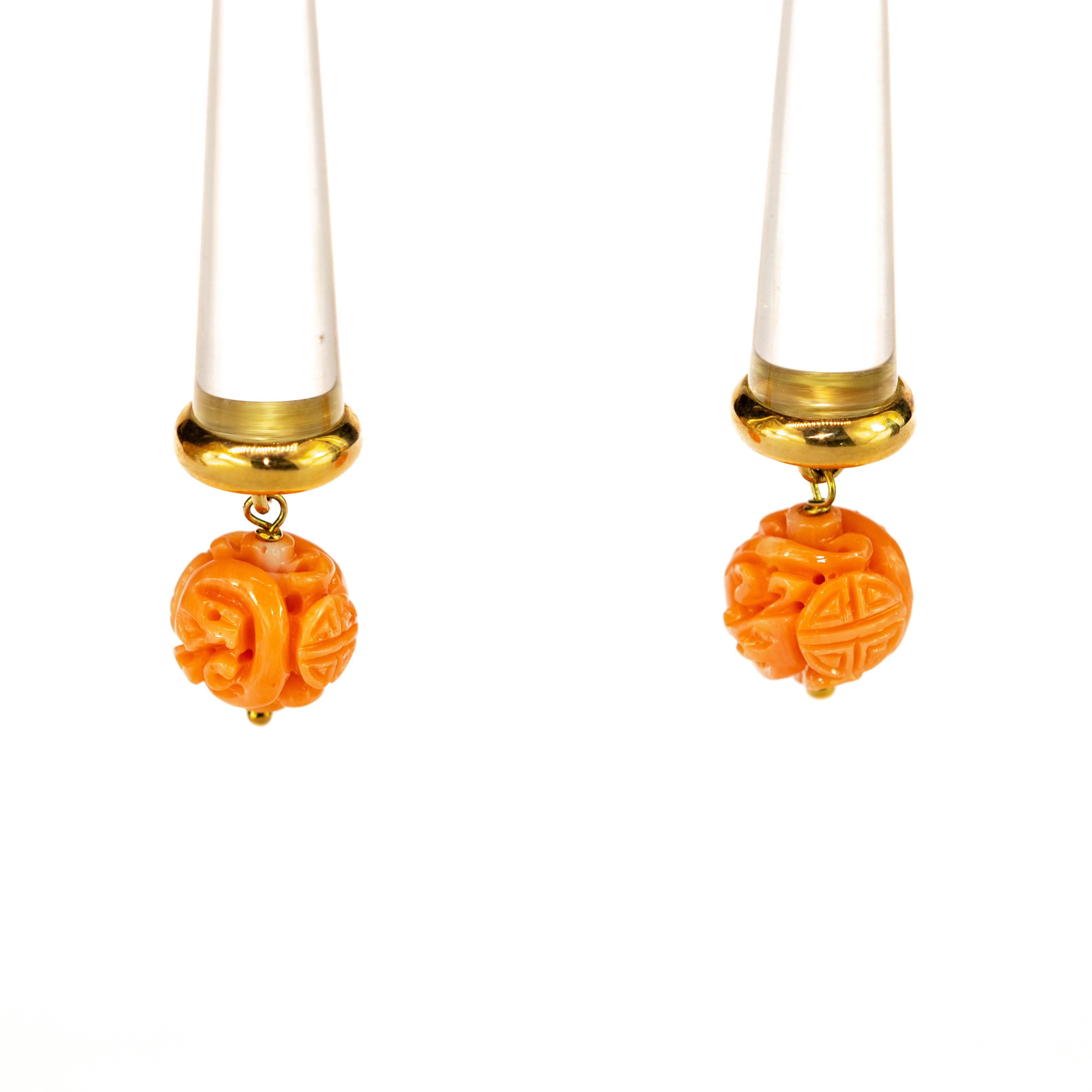 18 Karat Gold Carved Pink Coral Rock Crystal Pendulum Dangle Drop Craft Earrings 2