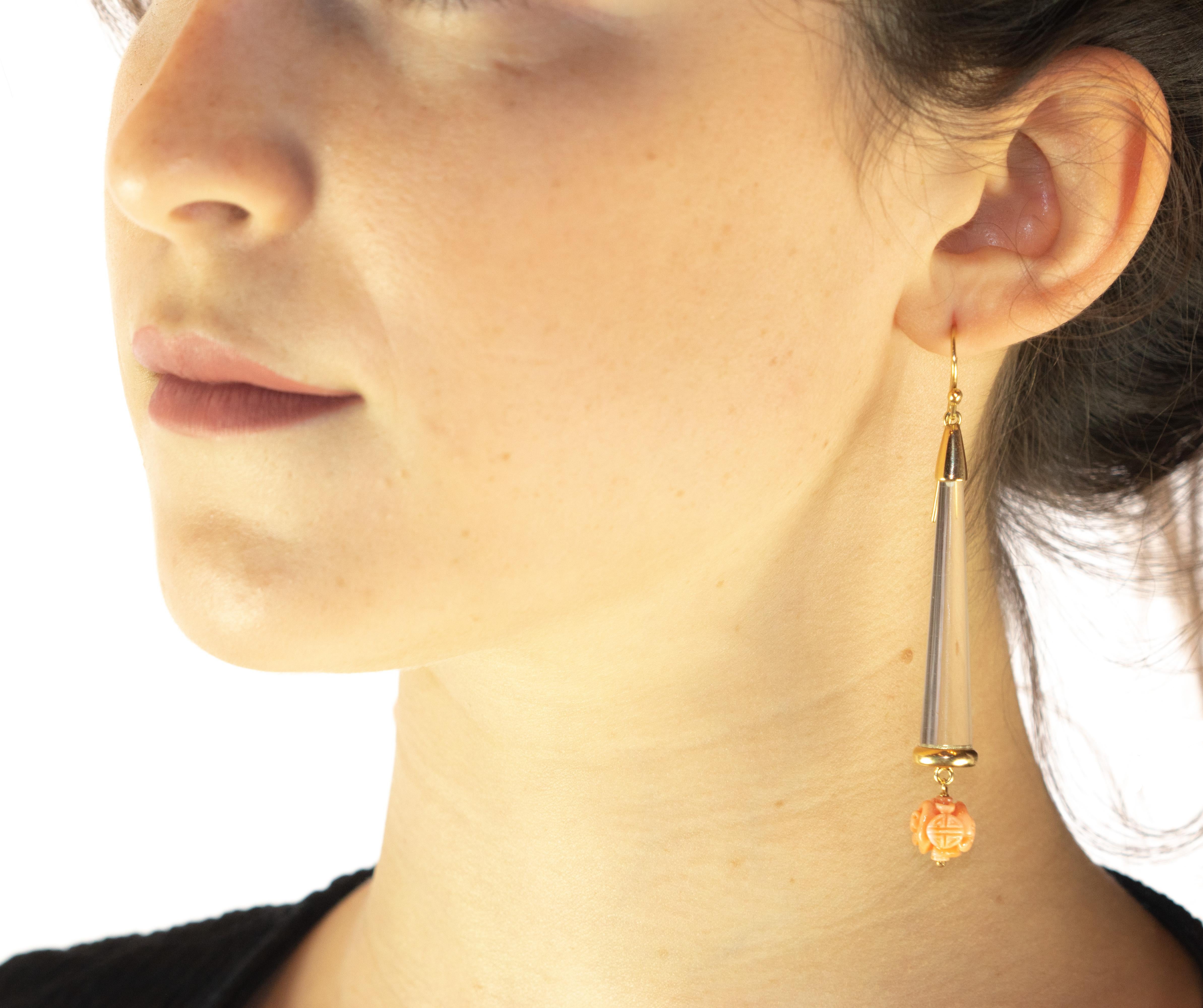 18 Karat Gold Carved Pink Coral Rock Crystal Pendulum Dangle Drop Craft Earrings 3