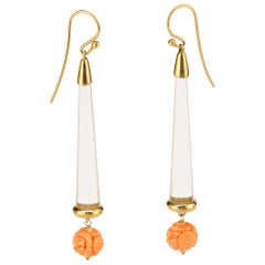 18 Karat Gold Carved Pink Coral Rock Crystal Pendulum Dangle Drop Craft Earrings