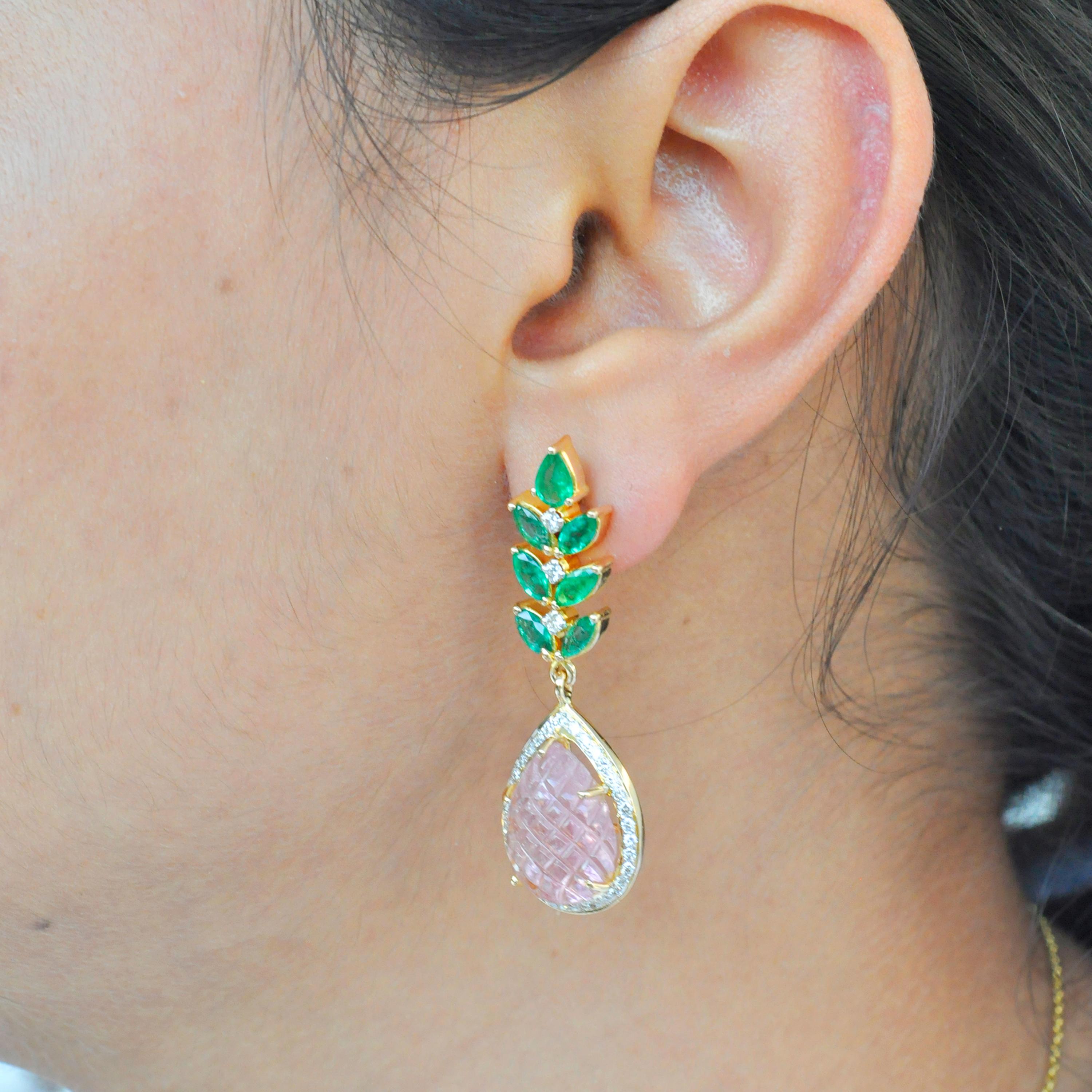 18 Karat Gold Carved Pink Tourmaline Emerald Diamond Dangler Earrings 4