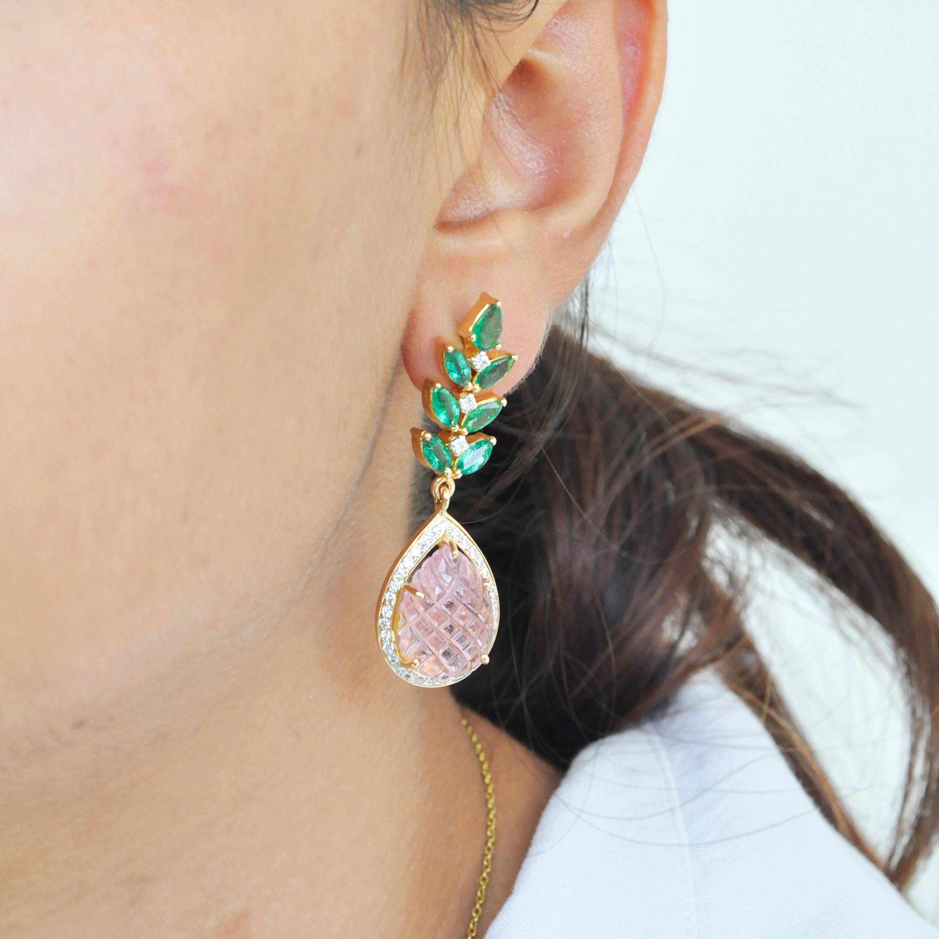 18 Karat Gold Carved Pink Tourmaline Emerald Diamond Dangler Earrings 5