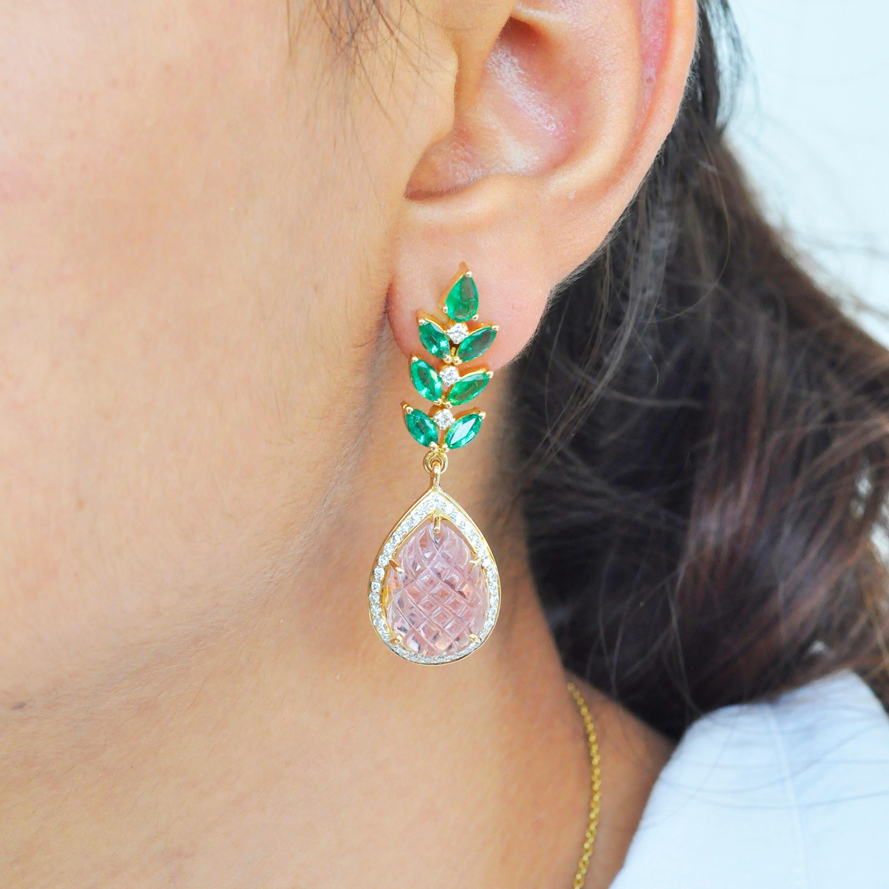 18 Karat Gold Carved Pink Tourmaline Emerald Diamond Dangler Earrings 6