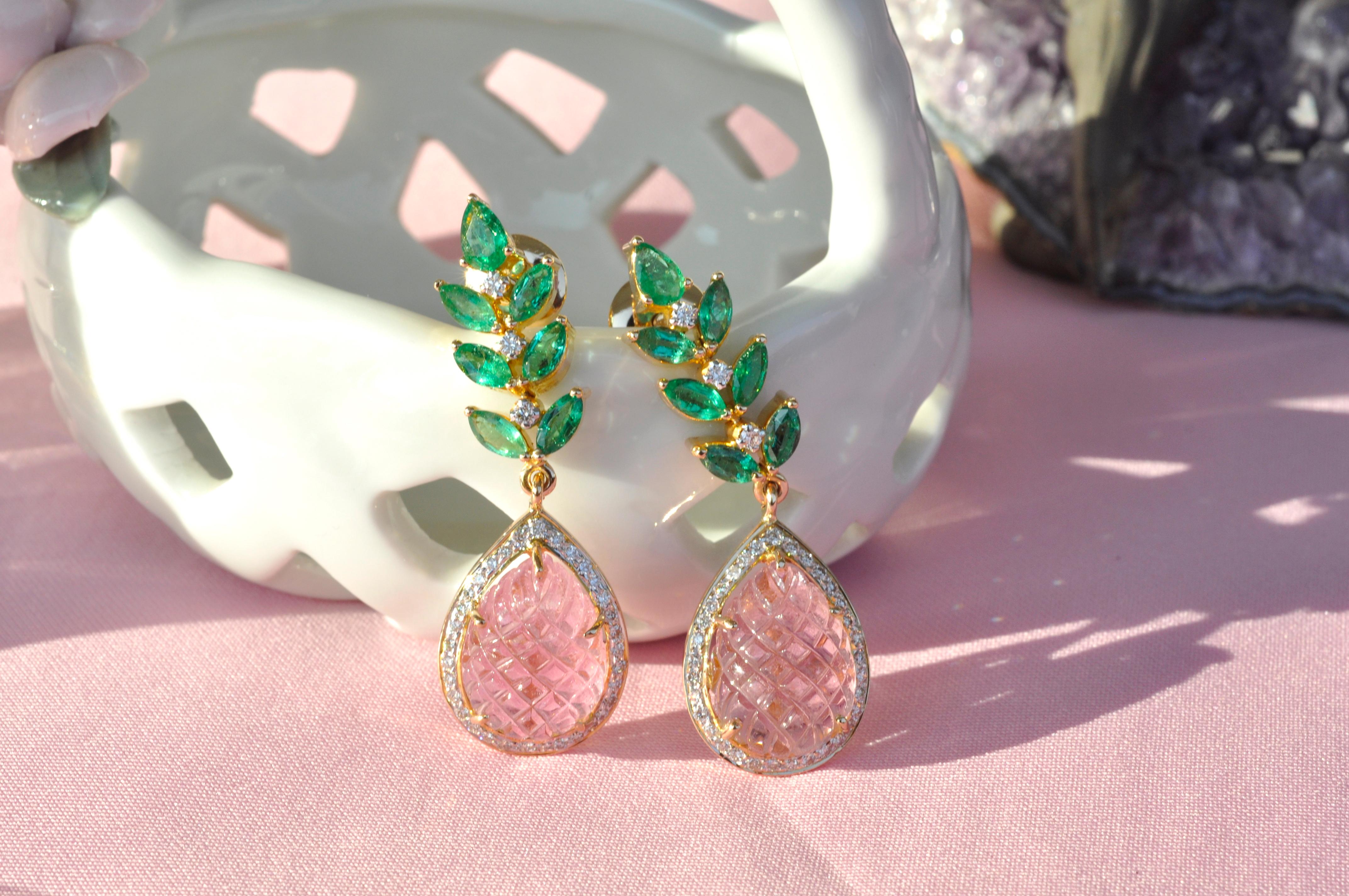 Modern 18 Karat Gold Carved Pink Tourmaline Emerald Diamond Dangler Earrings