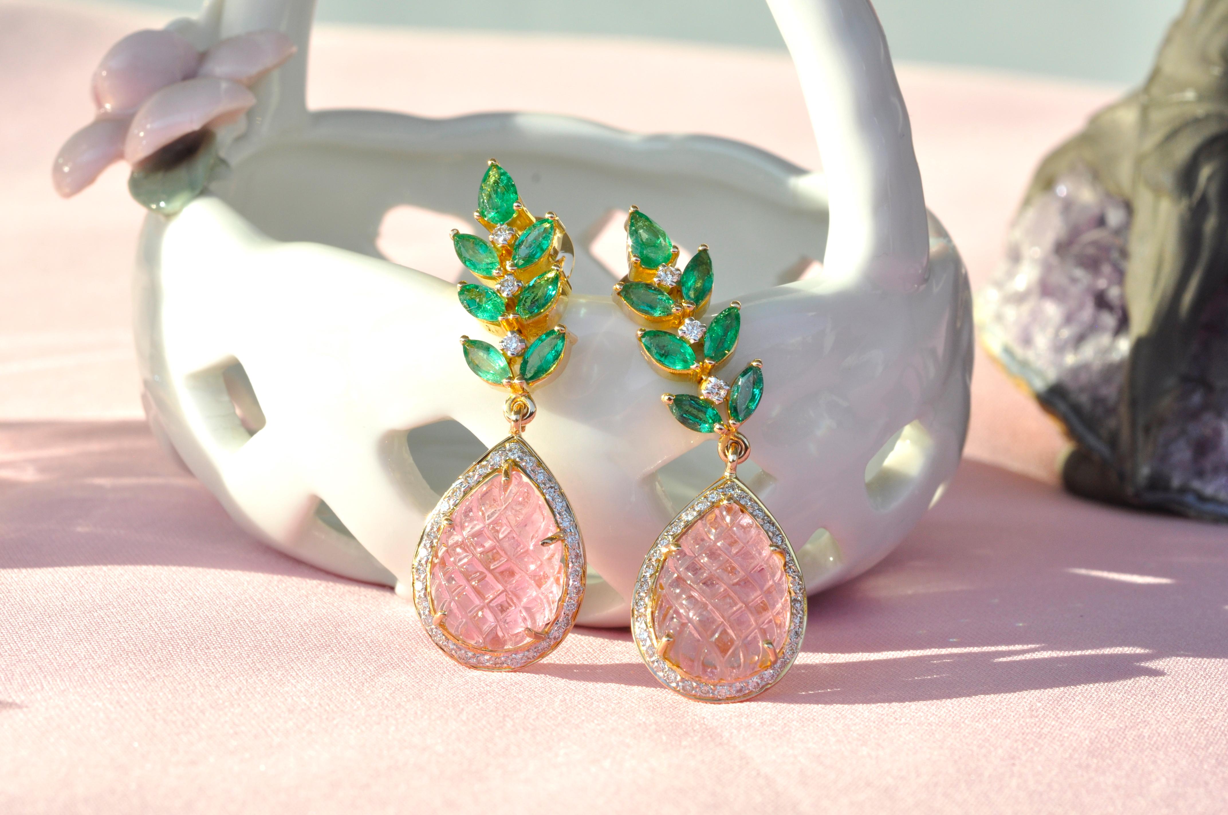 Marquise Cut 18 Karat Gold Carved Pink Tourmaline Emerald Diamond Dangler Earrings