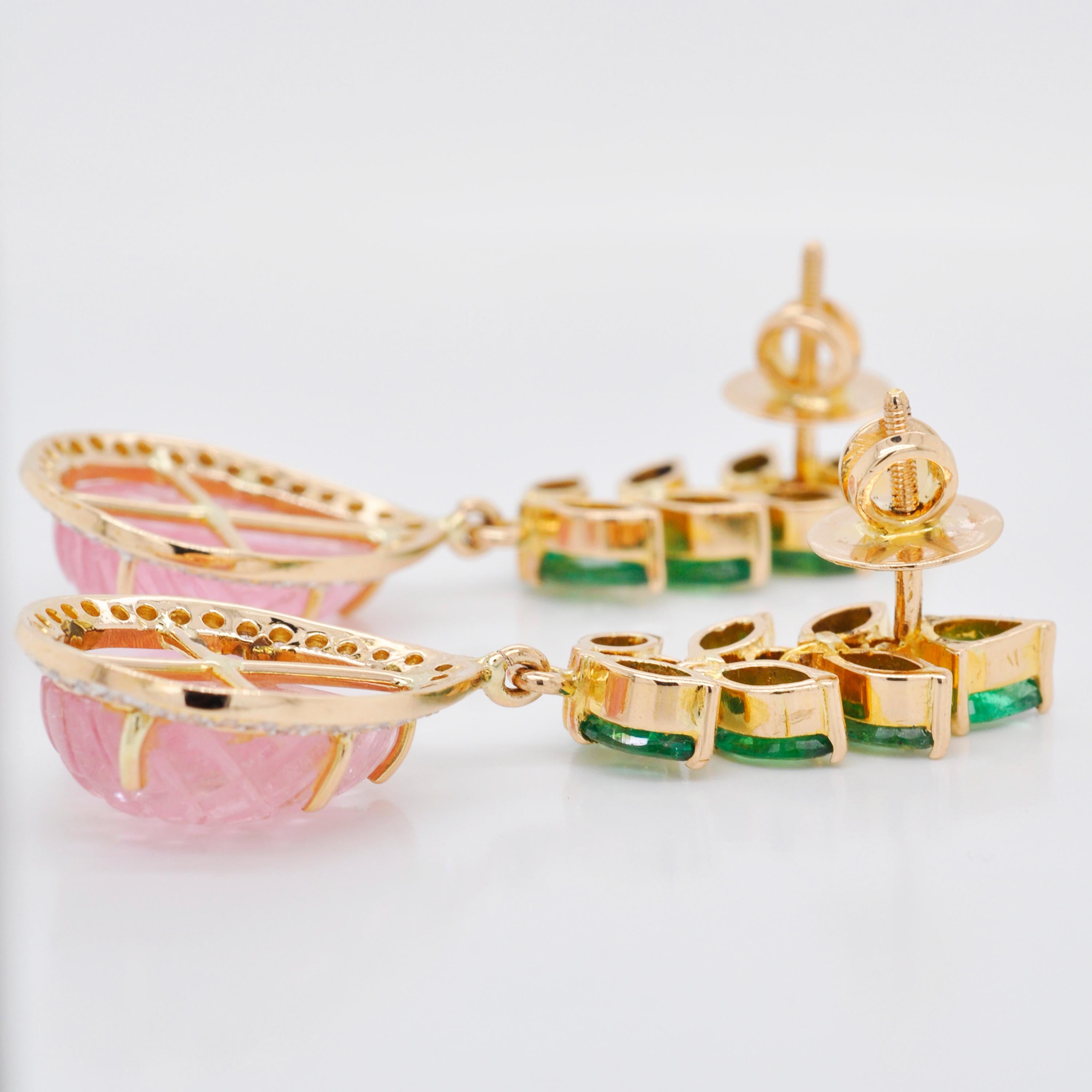 Women's 18 Karat Gold Carved Pink Tourmaline Emerald Diamond Dangler Earrings