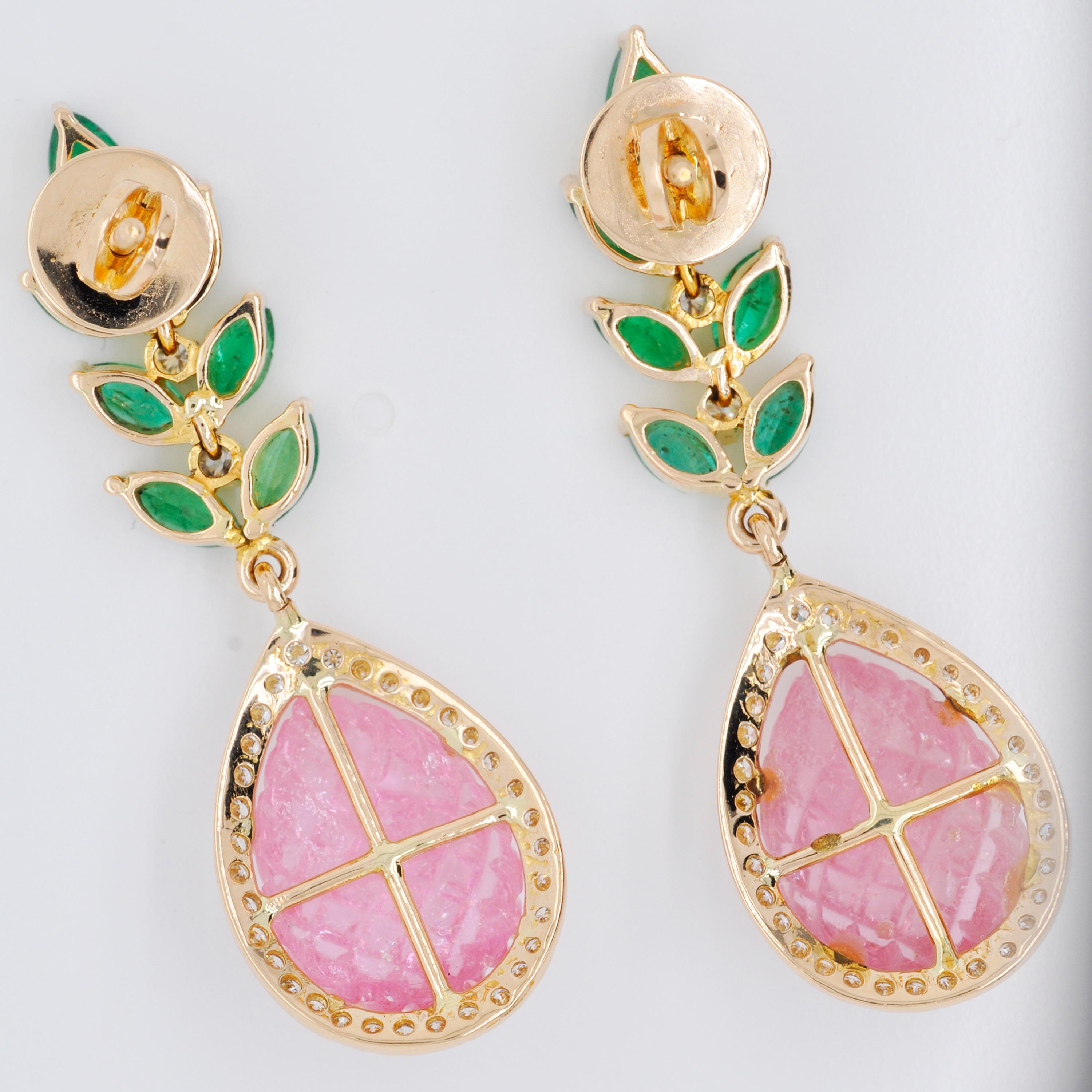 18 Karat Gold Carved Pink Tourmaline Emerald Diamond Dangler Earrings 1