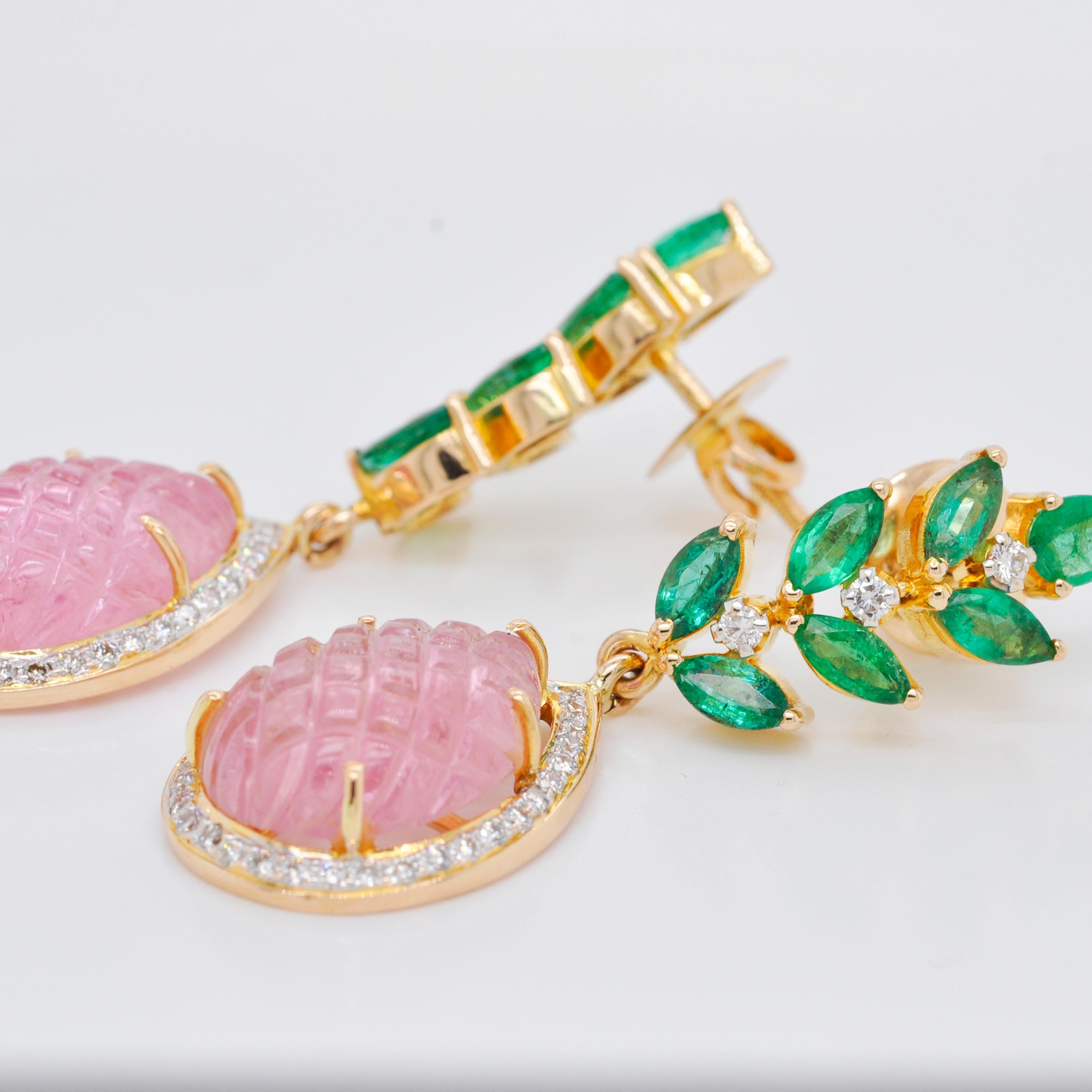 18 Karat Gold Carved Pink Tourmaline Emerald Diamond Dangler Earrings 3