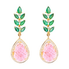 18 Karat Gold Carved Pink Tourmaline Emerald Diamond Dangler Earrings