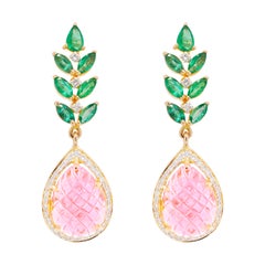 18 Karat Gold Carved Pink Tourmaline Emerald Diamond Dangler Earrings