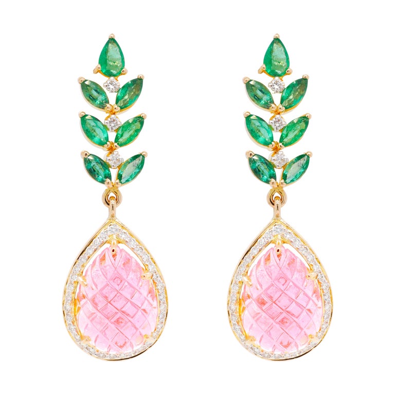 18 Karat Gold Carved Pink Tourmaline, Hot Pink Locker Chandelier Earrings