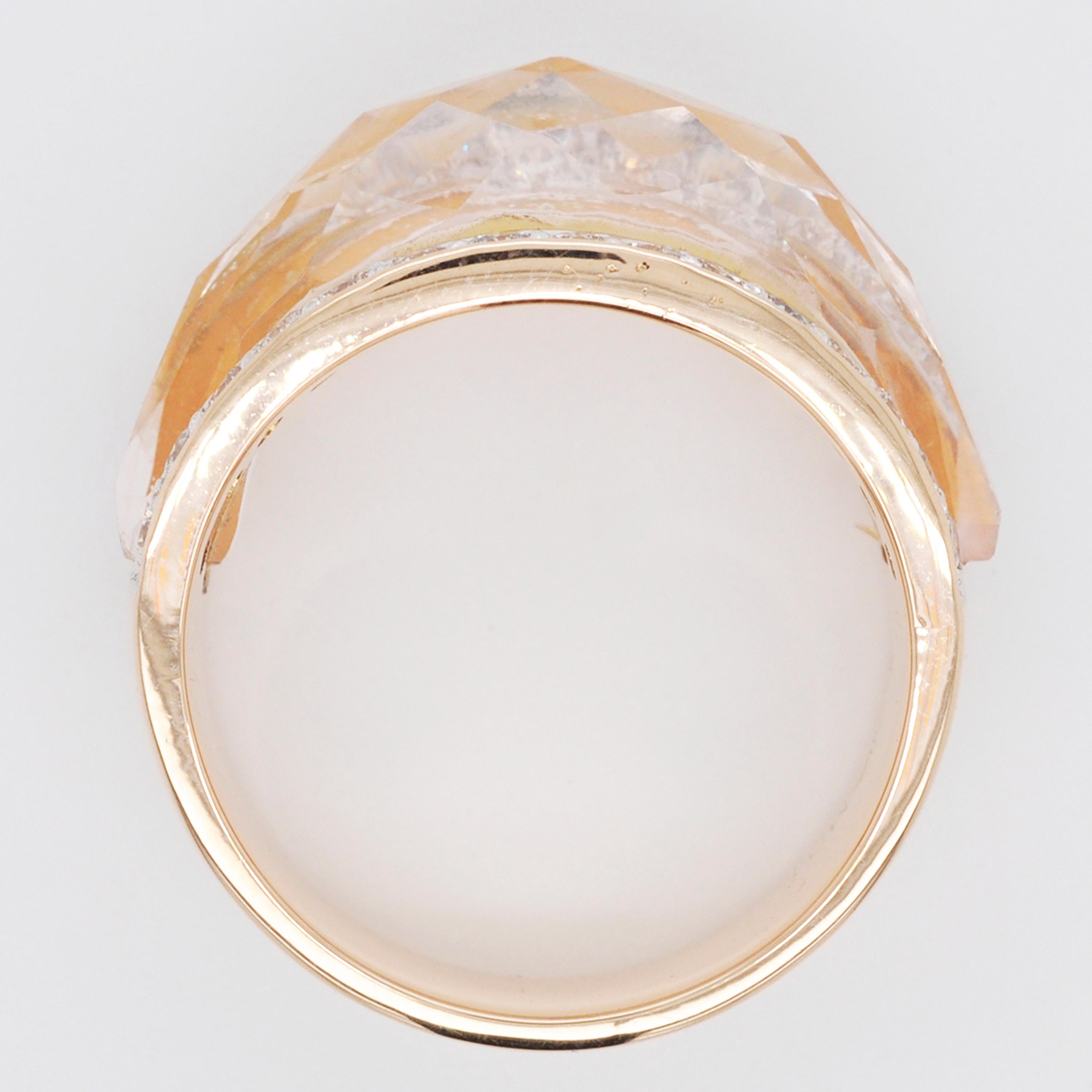 18 Karat Gold Carved Rose Quartz Gemstone Diamond Ring For Sale 4