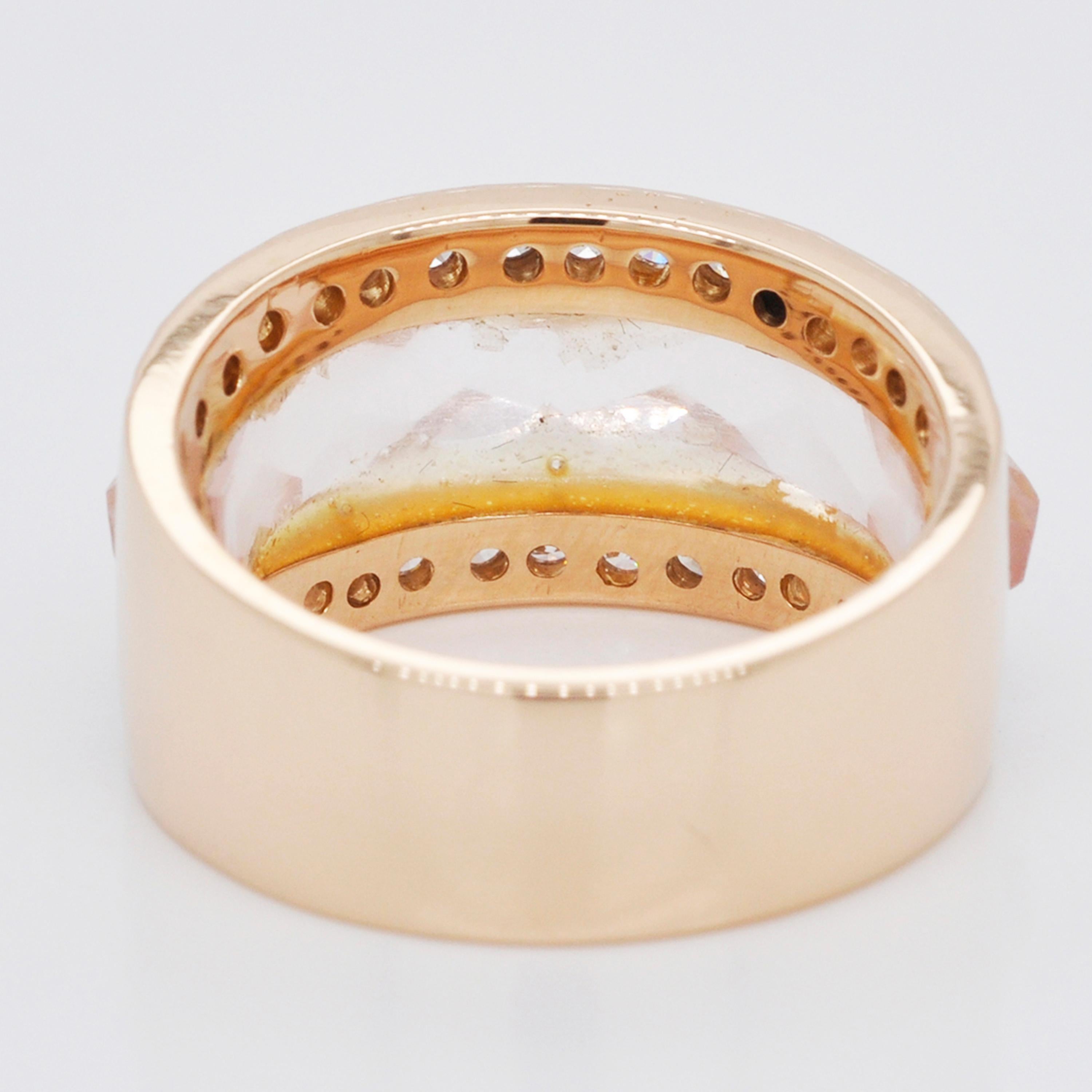 18 Karat Gold Carved Rose Quartz Gemstone Diamond Ring For Sale 5