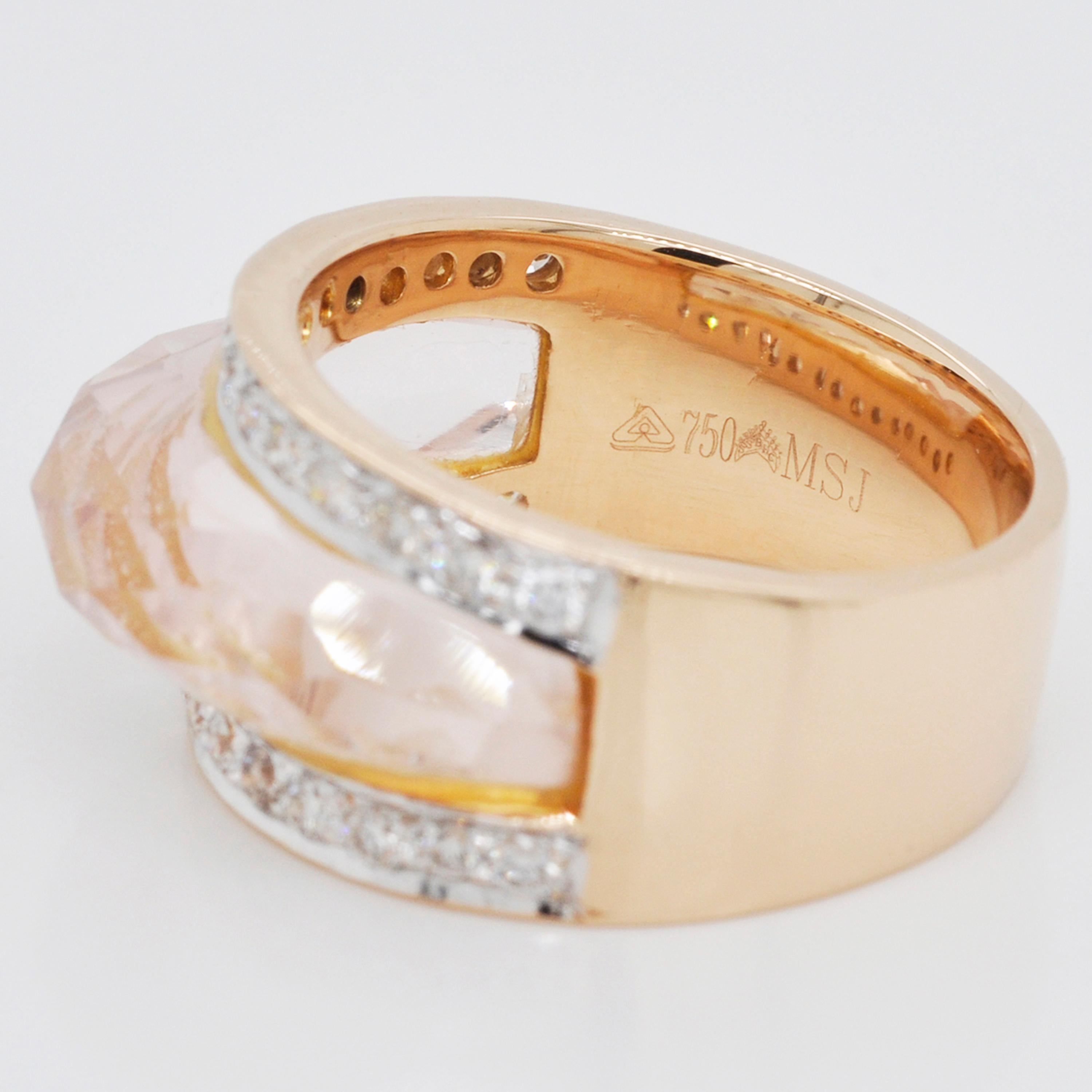 18 Karat Gold Carved Rose Quartz Gemstone Diamond Ring For Sale 6