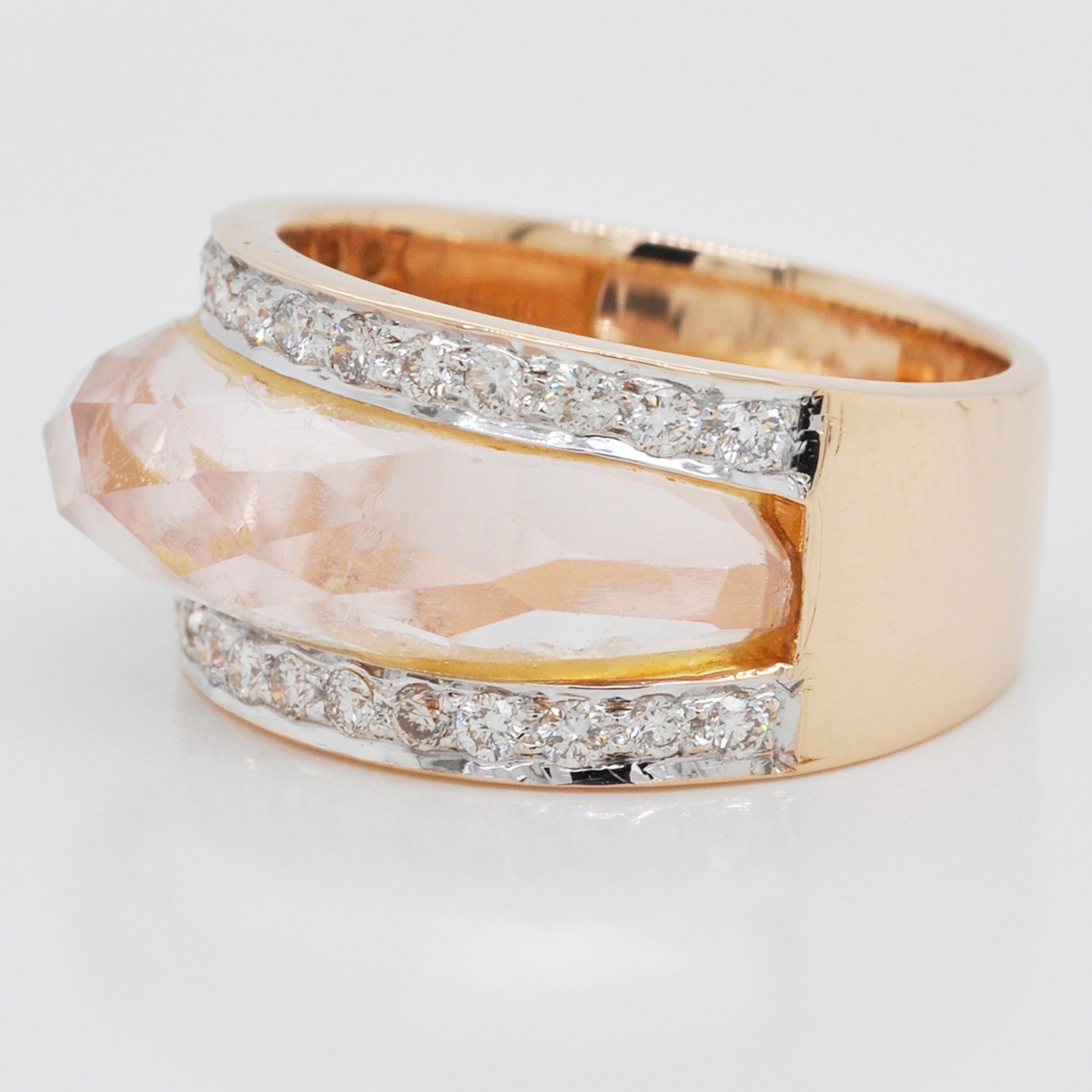18 Karat Gold Carved Rose Quartz Gemstone Diamond Ring For Sale 7