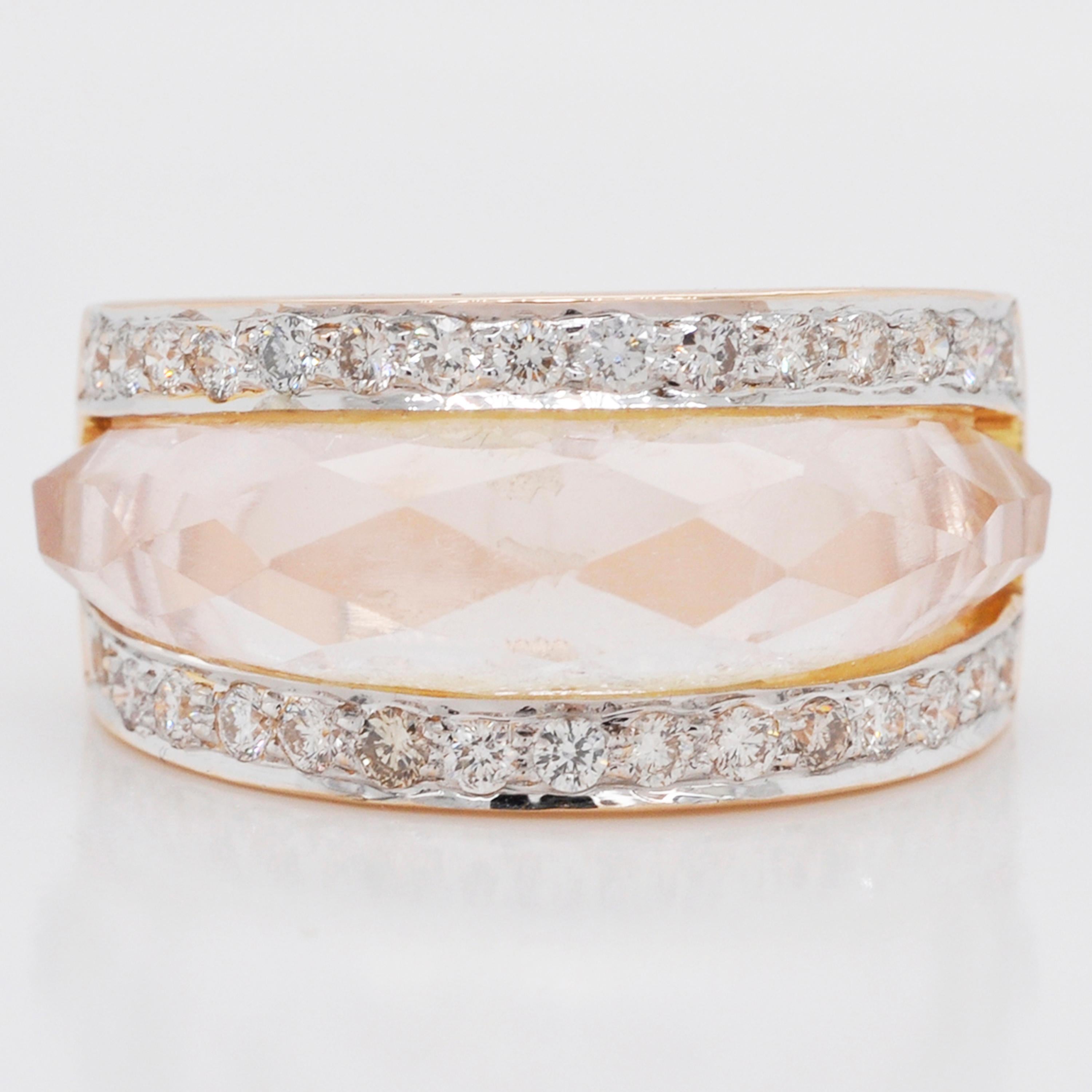 Contemporary 18 Karat Gold Carved Rose Quartz Gemstone Diamond Ring For Sale