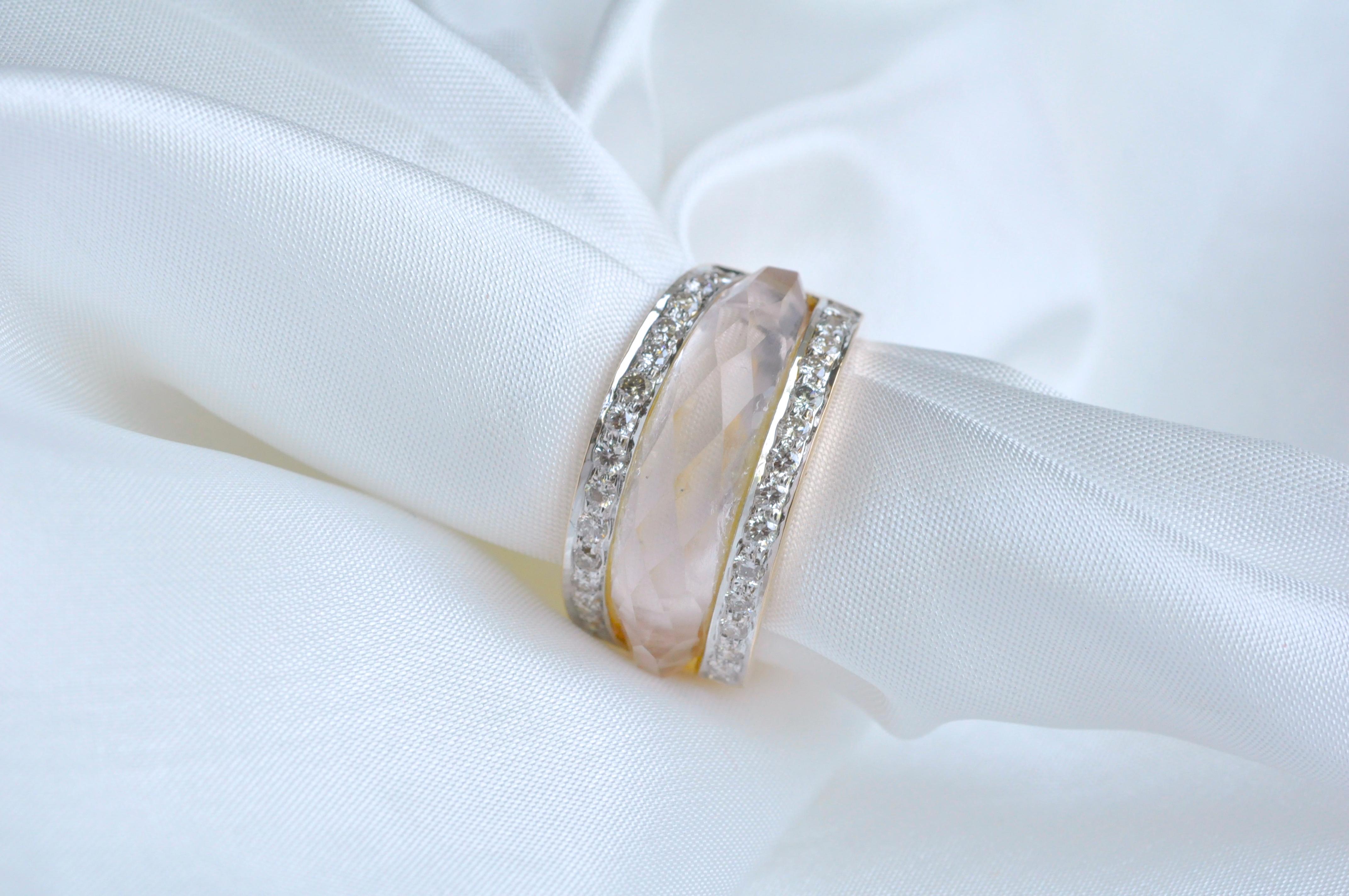 Mixed Cut 18 Karat Gold Carved Rose Quartz Gemstone Diamond Ring For Sale