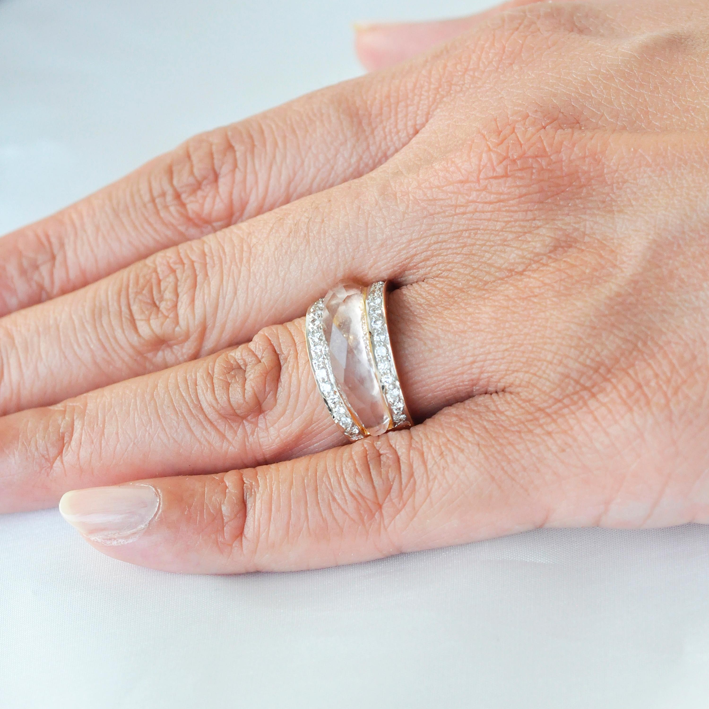 Women's 18 Karat Gold Carved Rose Quartz Gemstone Diamond Ring For Sale