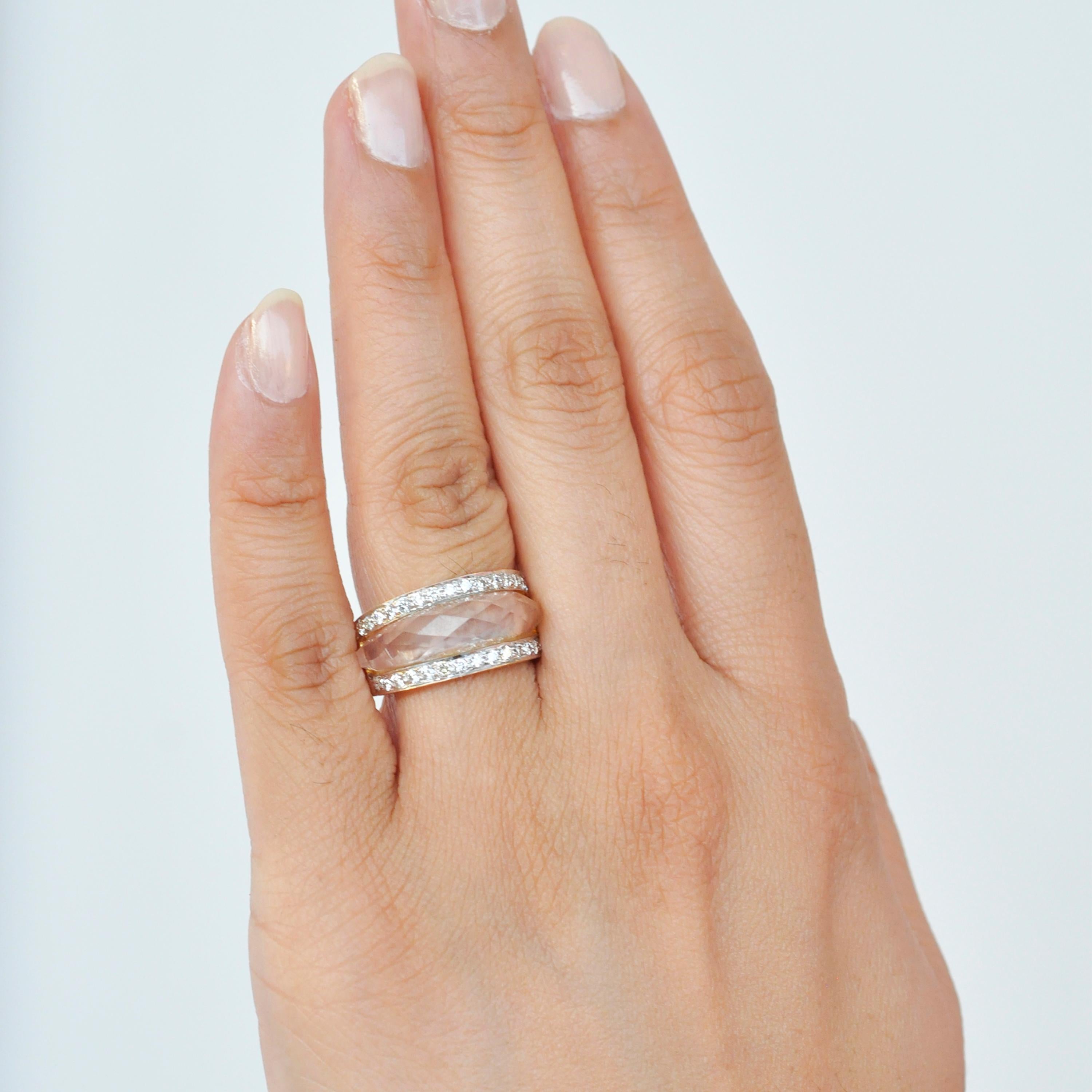 18 Karat Gold Carved Rose Quartz Gemstone Diamond Ring For Sale 1