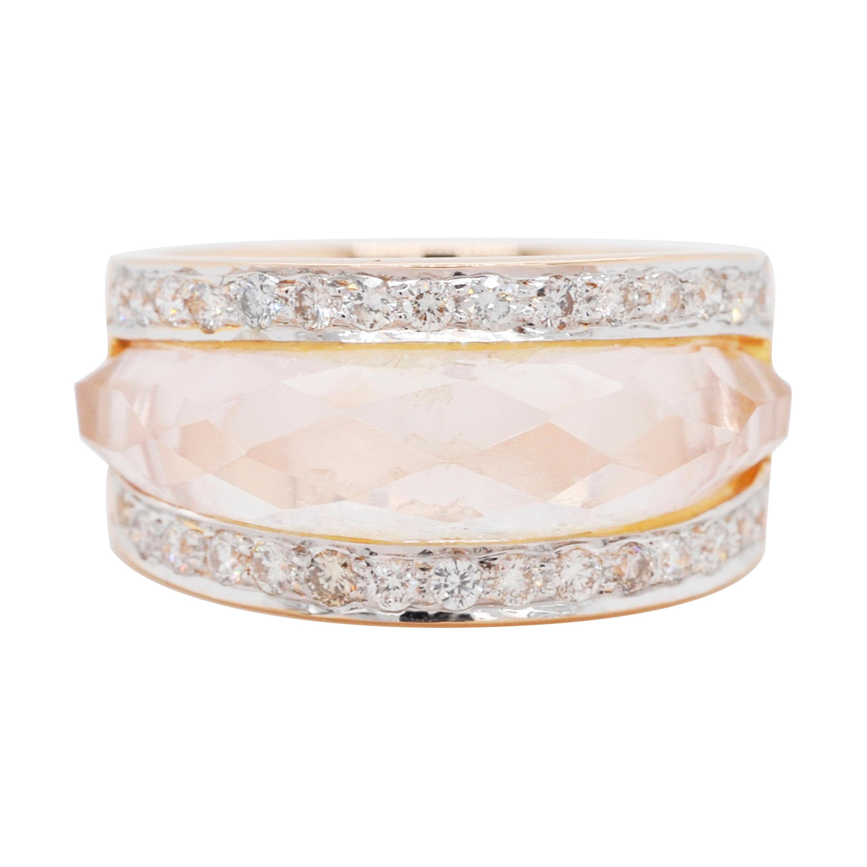 18 Karat Gold Carved Rose Quartz Gemstone Diamond Ring For Sale