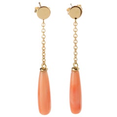 18 Karat Gold Chain Pink Natural Coral Carved Long Tear Artisan Bold Earrings