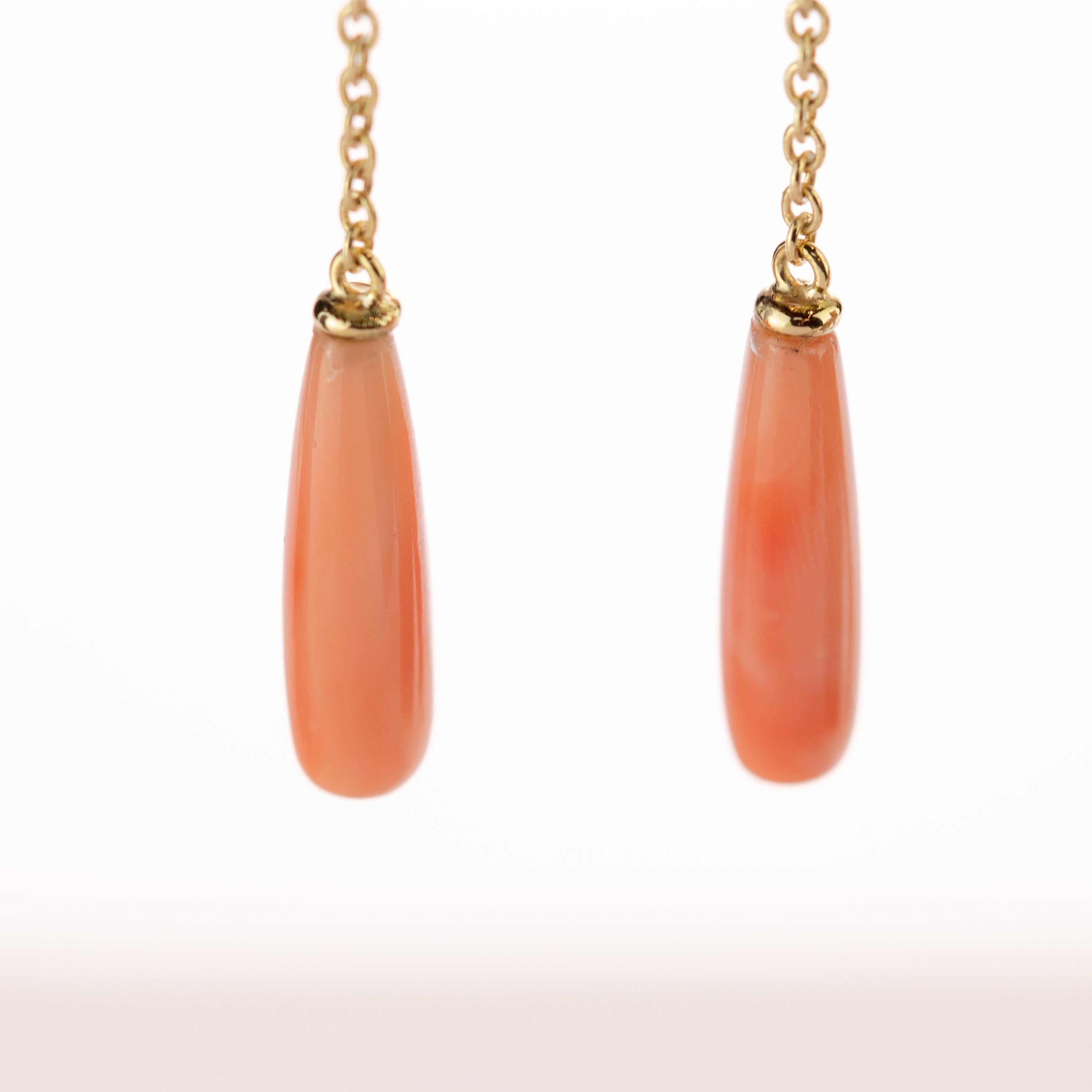 Women's 18 Karat Gold Chain Pink Natural Coral Carved Long Tear Artisan Bold Earrings For Sale