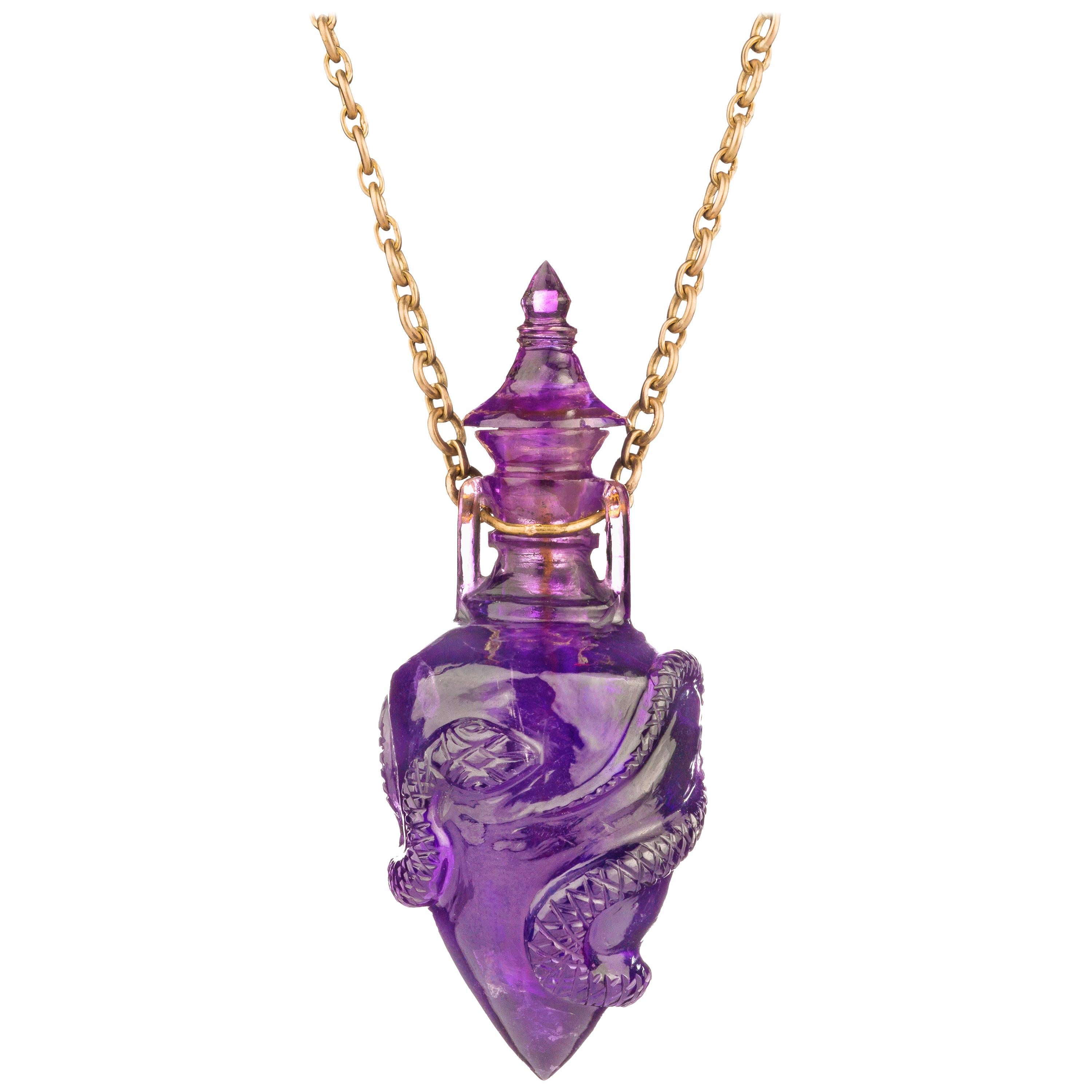 OUROBOROS 18 Karat Gold Chain with an Amethyst Poison Bottle Pendant For Sale