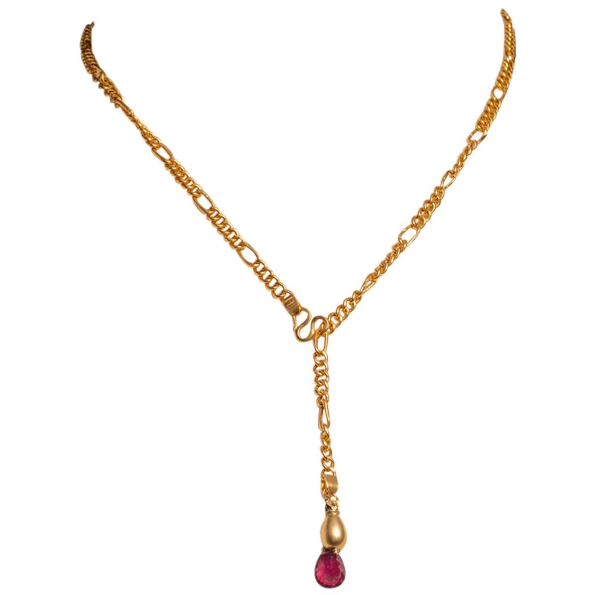 18 Karat Gold Chain Y-Necklace with Gold and Pink Tourmaline Pendant Drops