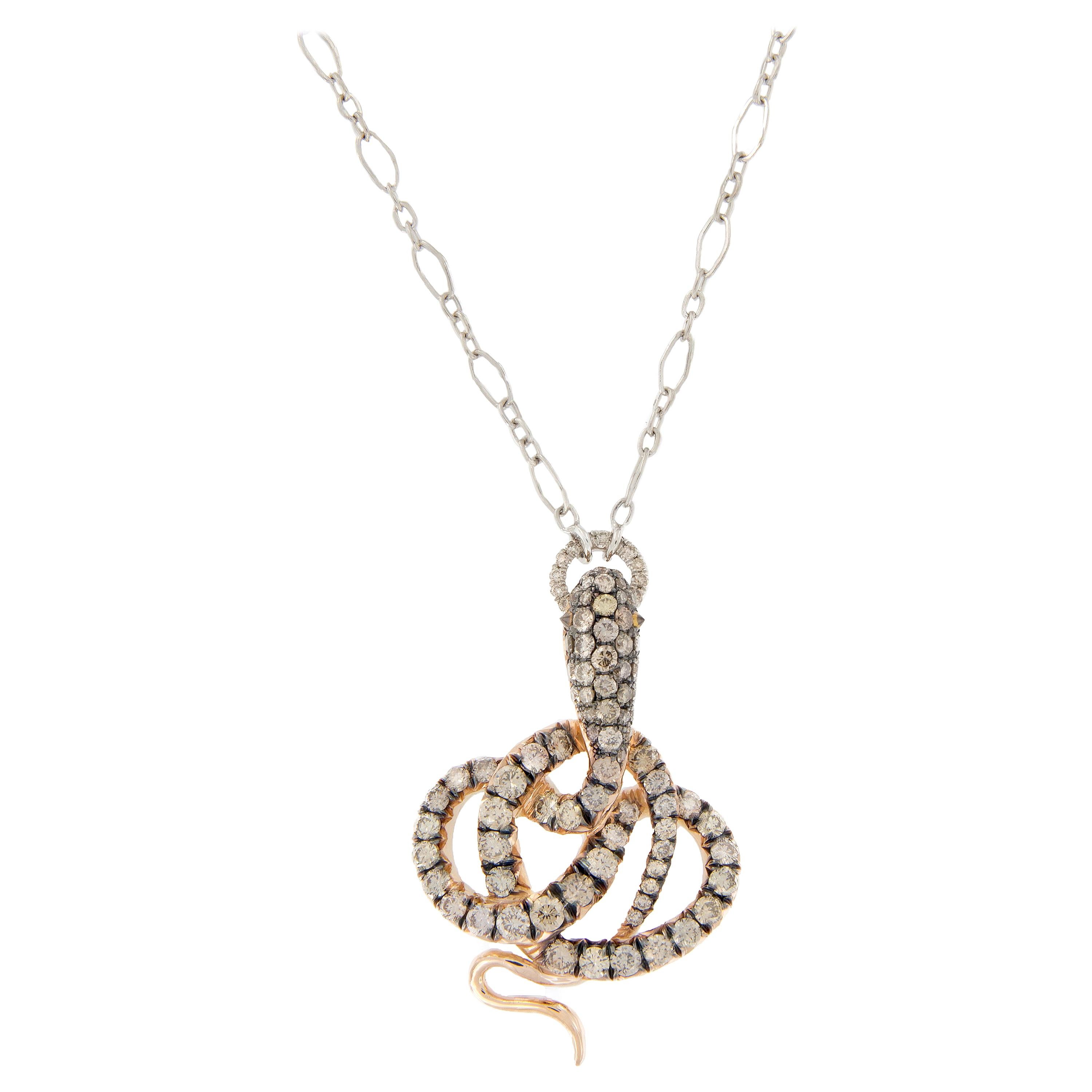 18 Karat Gold Champagne Diamond Snake Pendant Platinum Chain Necklace