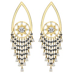 18 Karat Gold Chandelier Earrings with Black and White Diamonds