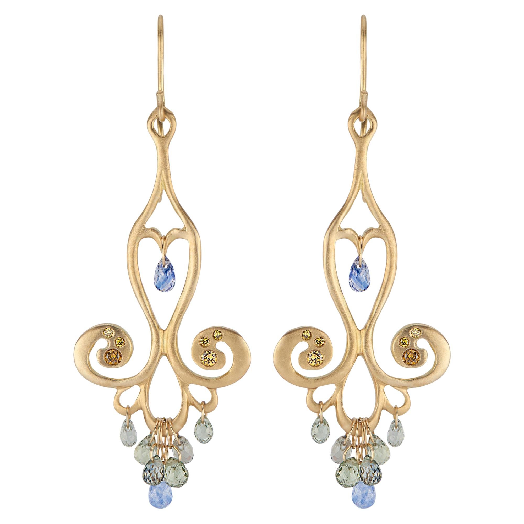 18 Karat Gold Chandelier Earrings with Blue Sapphire Teardrops & Canary Diamonds For Sale