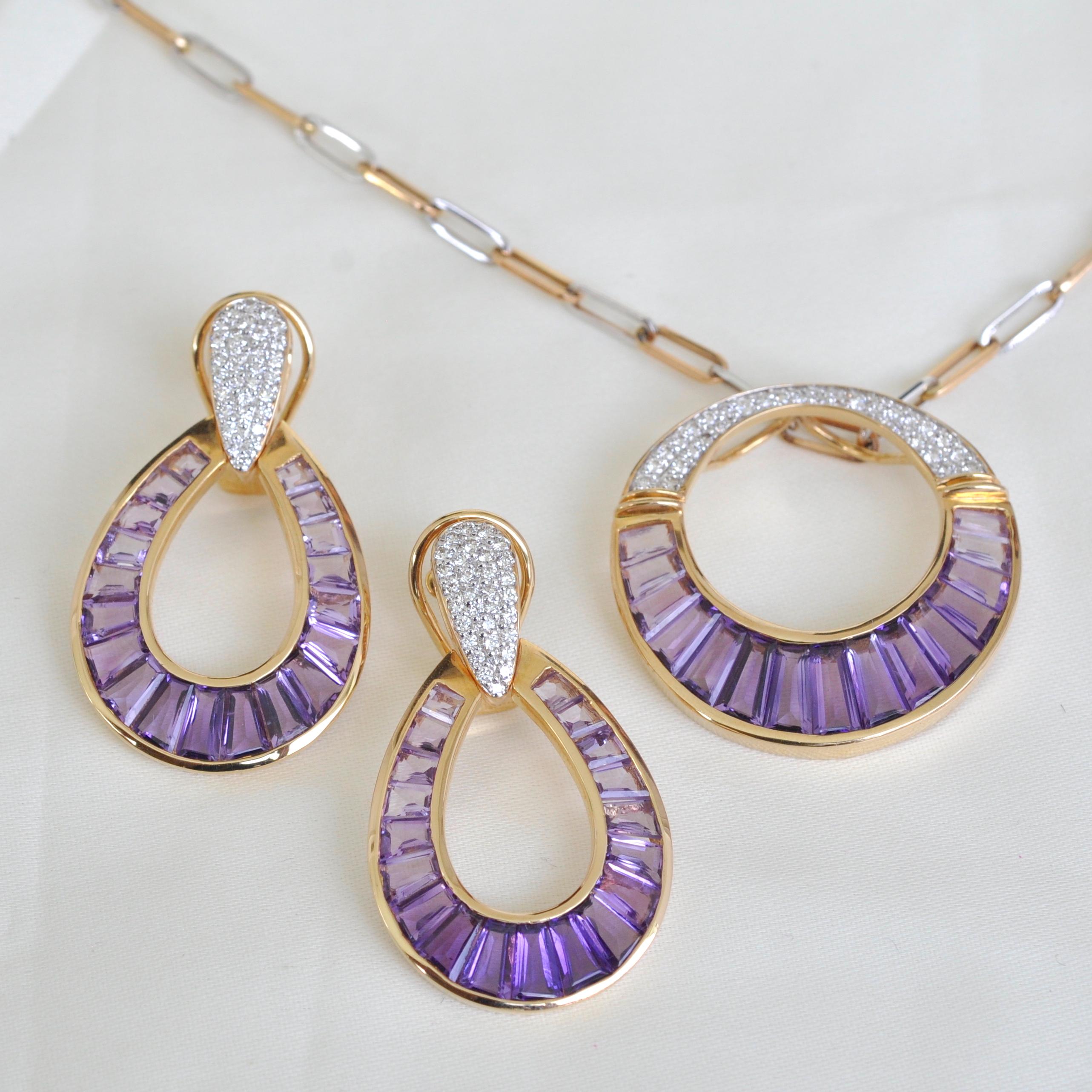 18 Karat Gold Amethyst Taper Baguette Diamond Pendant Necklace Earrings Set For Sale 7