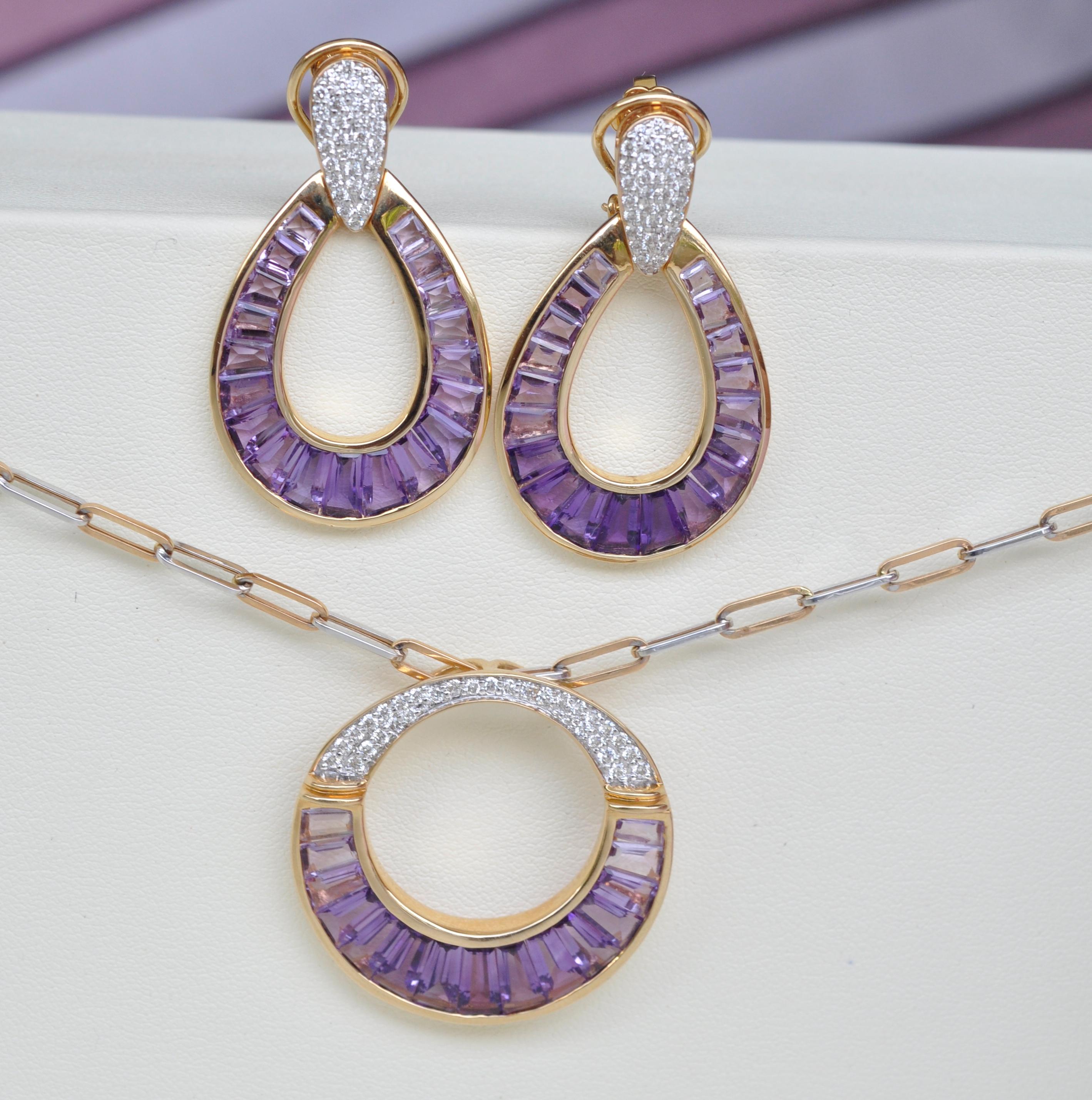 18 Karat Gold Amethyst Taper Baguette Diamond Pendant Necklace Earrings Set For Sale 10