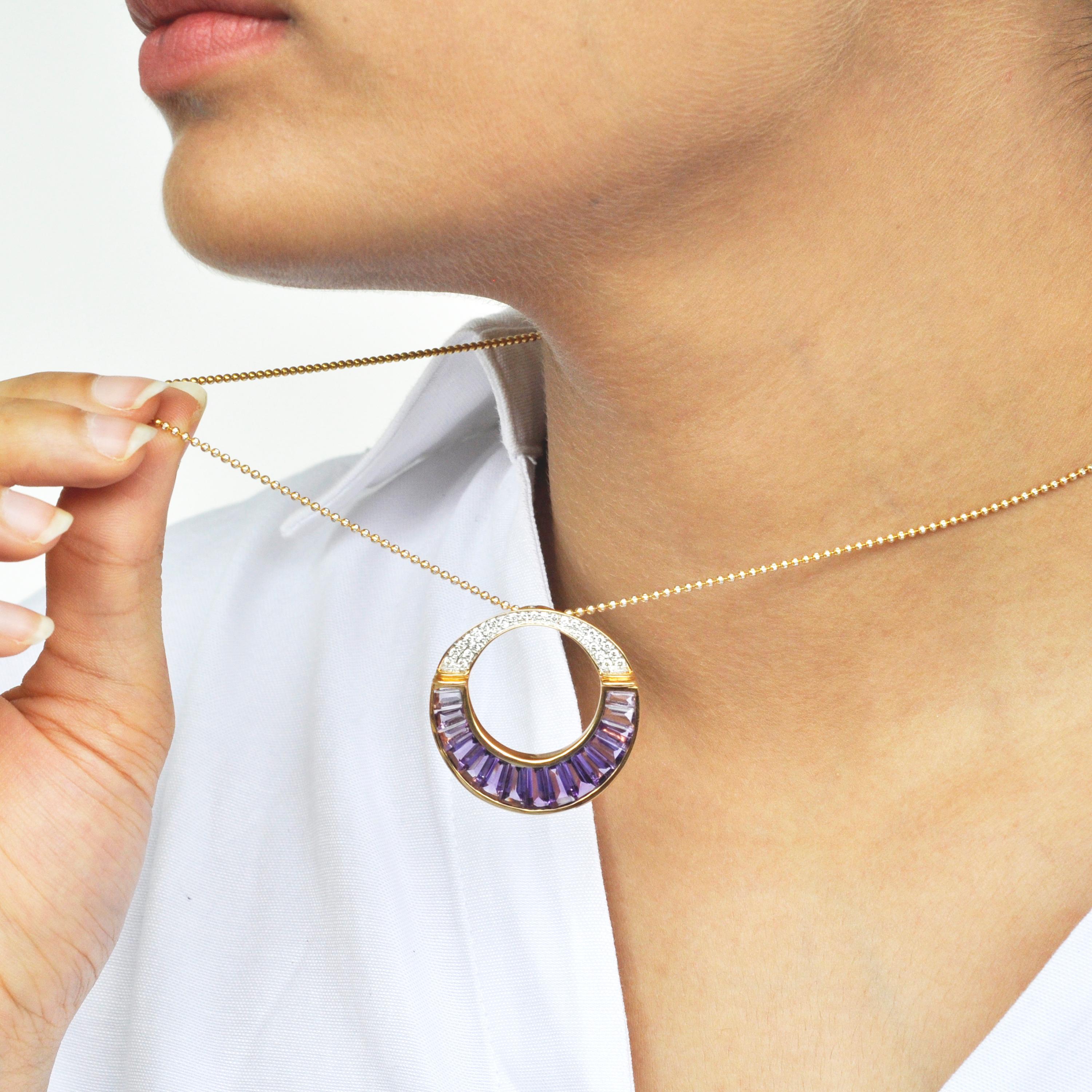 Contemporary 18 Karat Gold Amethyst Taper Baguette Diamond Pendant Necklace Earrings Set For Sale