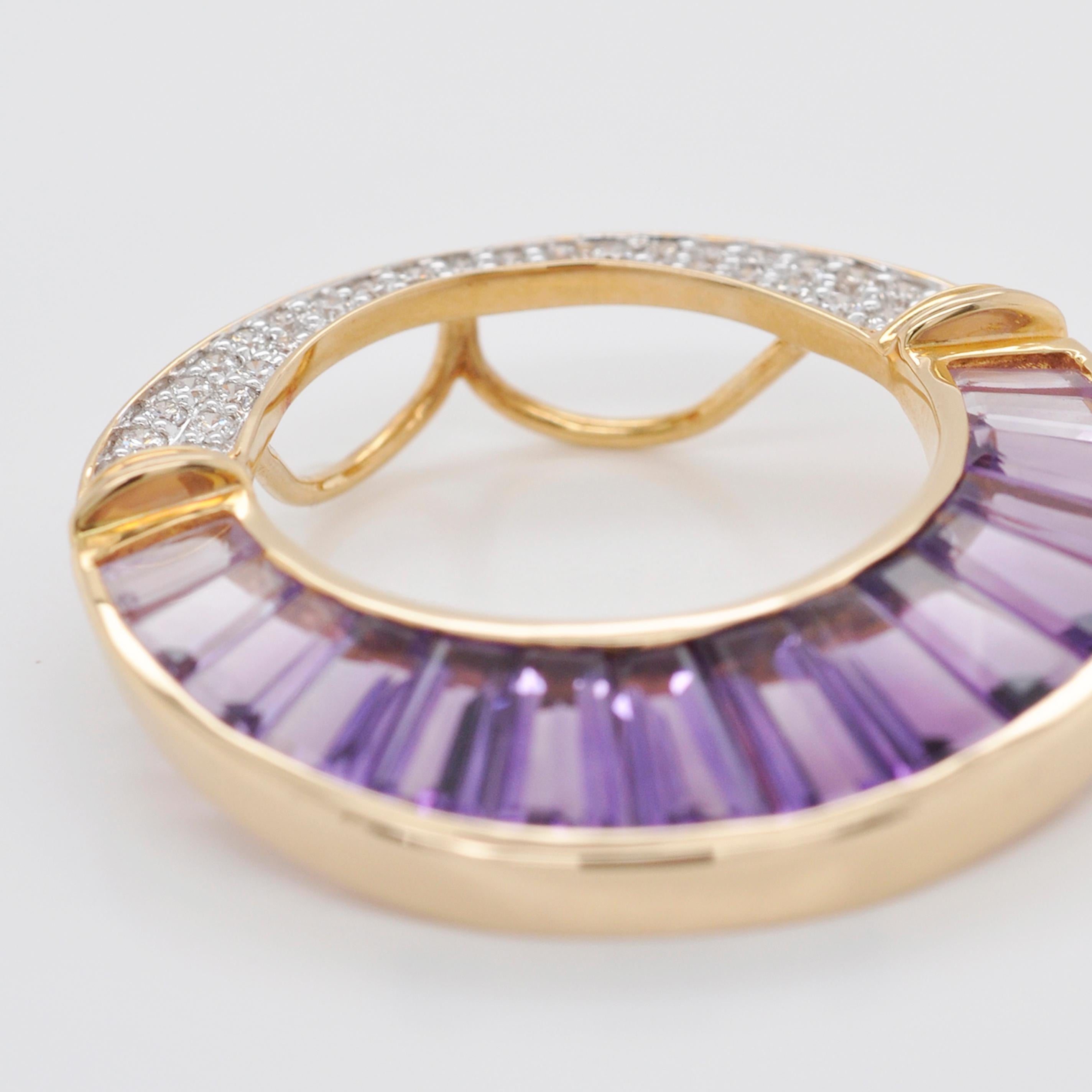Women's 18 Karat Gold Amethyst Taper Baguette Diamond Pendant Necklace Earrings Set For Sale