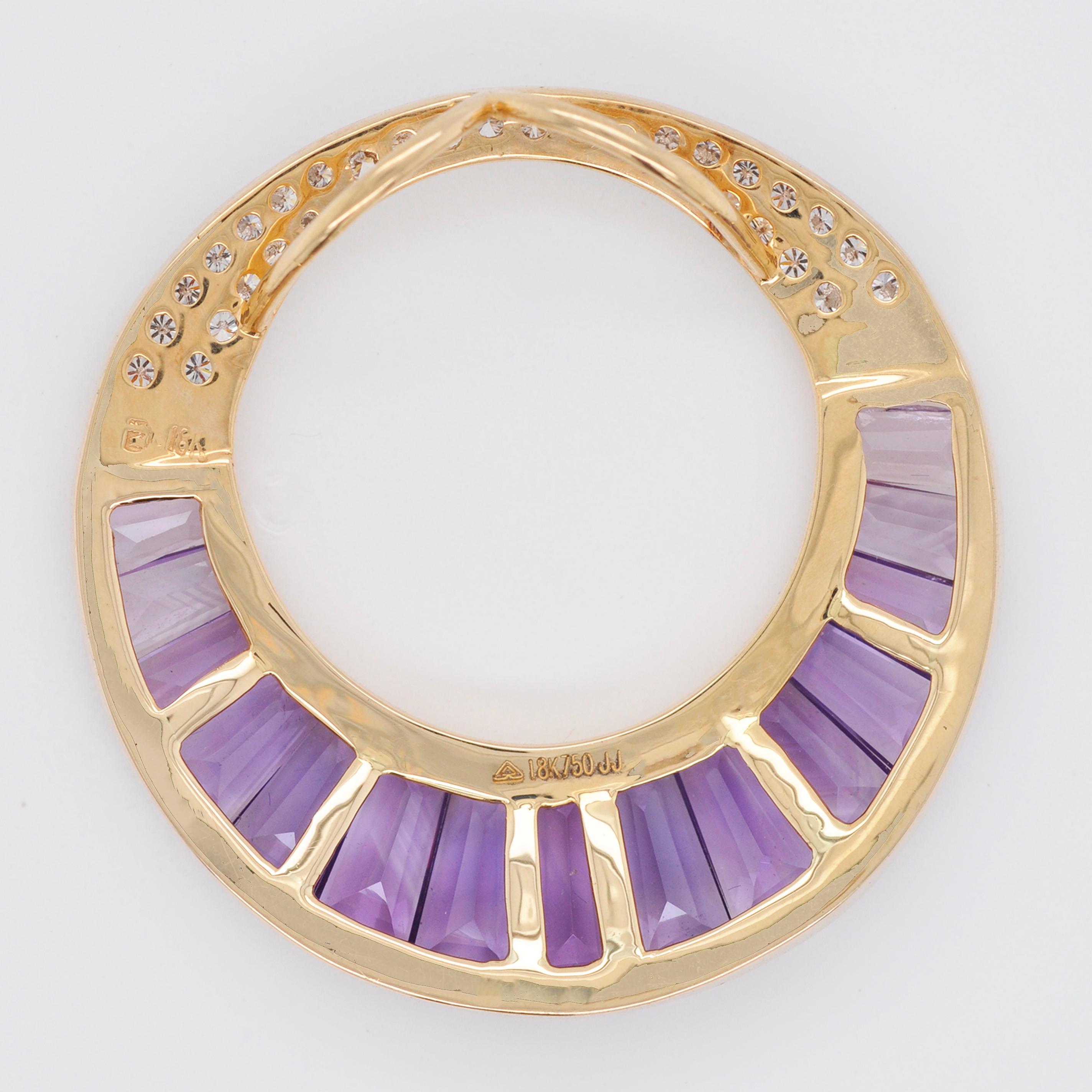 18 Karat Gold Amethyst Taper Baguette Diamond Pendant Necklace Earrings Set For Sale 1